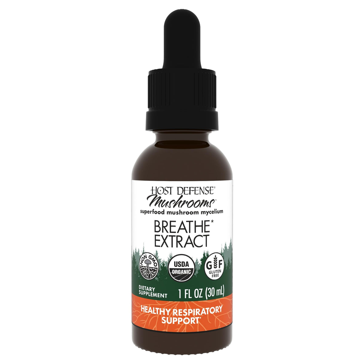 Host Defense Breathe flacon-gouttes prêt à l'emploi pour un soutien respiratoire potentiel.