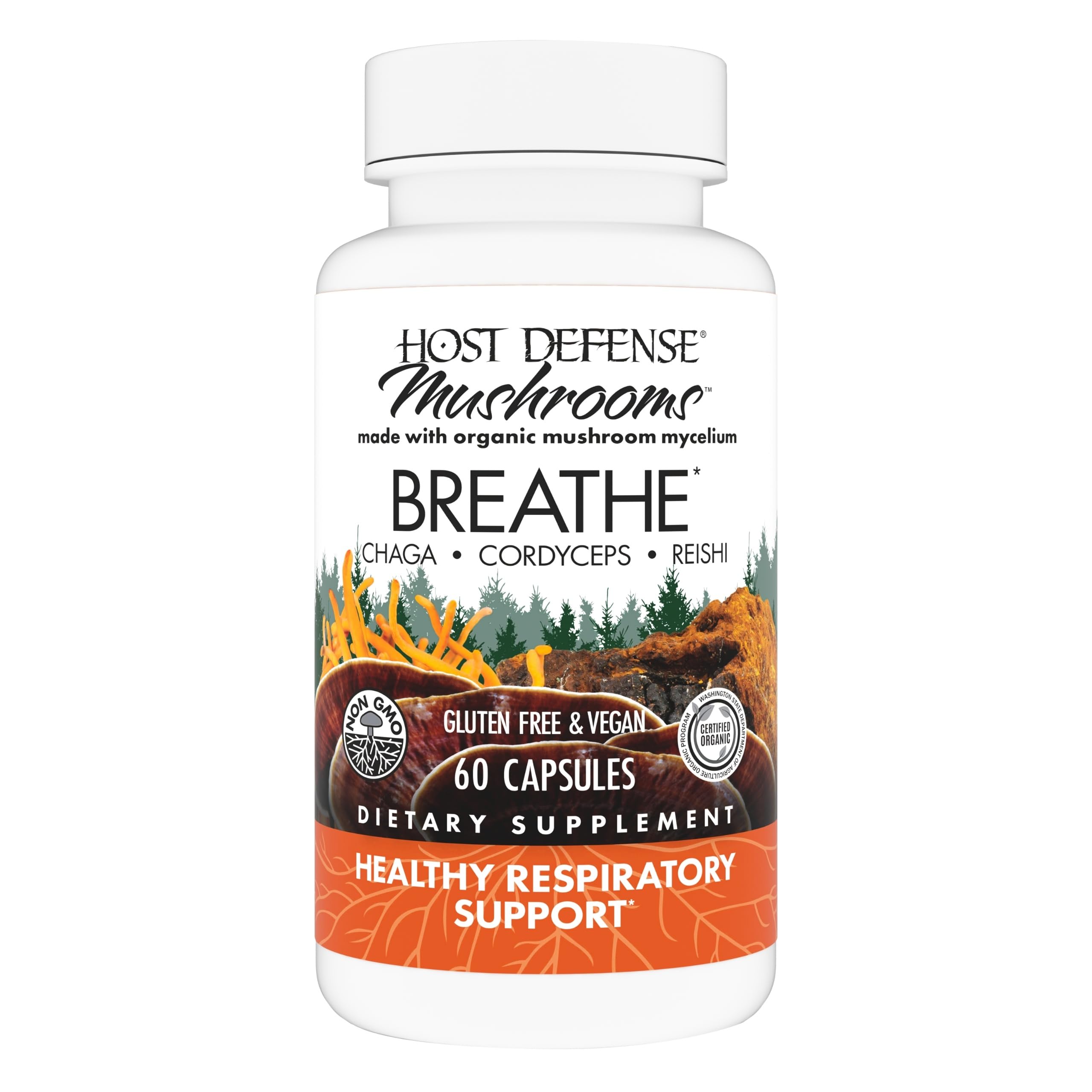 Host Defense Breathe Capsules emballage clair pour un soutien respiratoire quotidien.