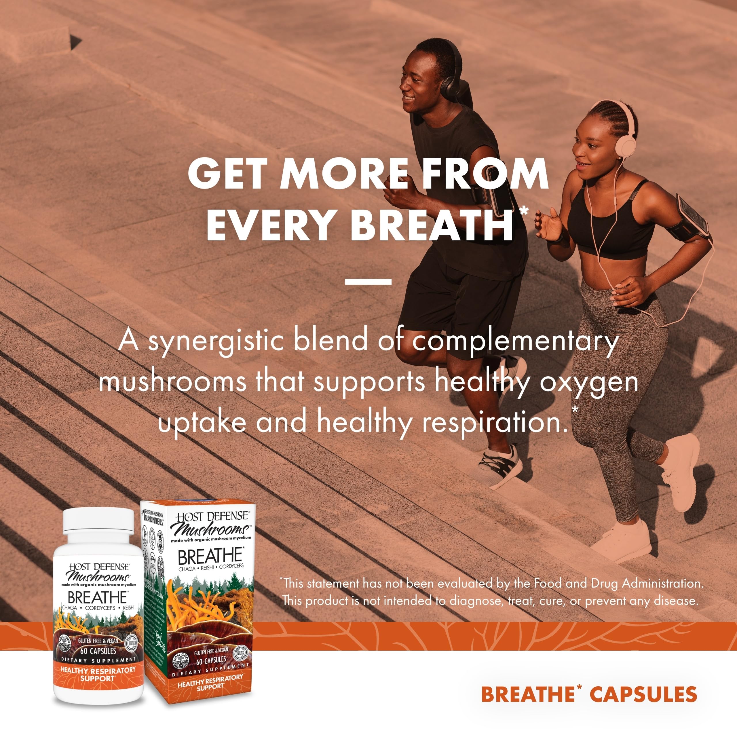 Host Defense Breathe Capsules etiquettes claires indiquant posologie et conseils d'utilisation.