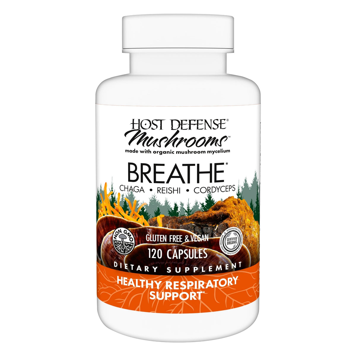 Host Defense Breathe, gélules dans la bouteille, soutien potentiel à la respiration et à l'immunité.