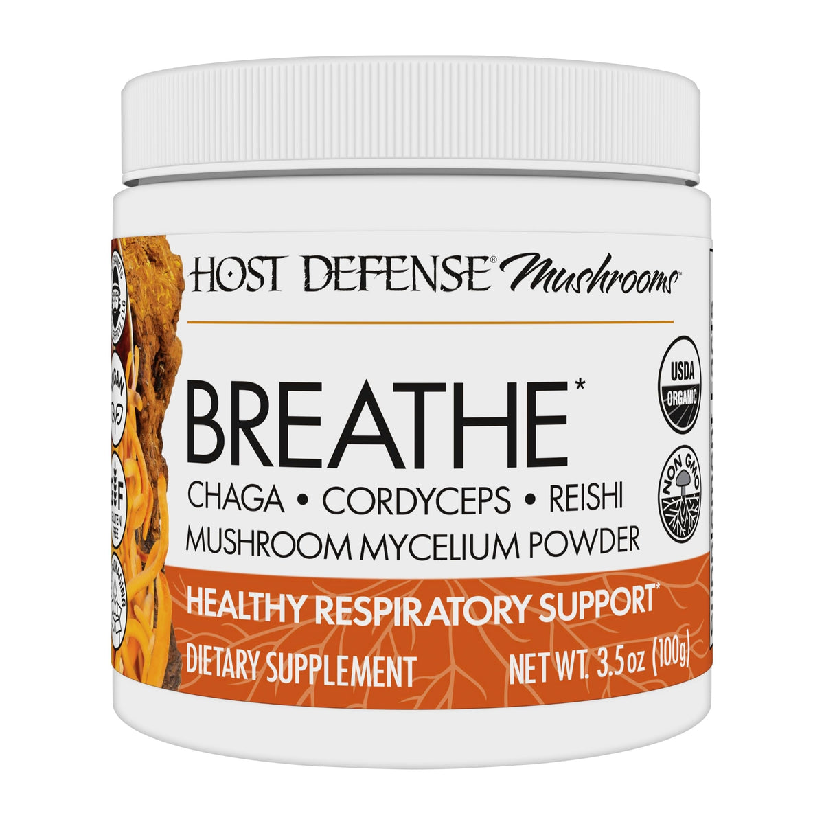 Host Defense Breathe en bouteille, soutien respiratoire potentiel grâce aux champignons.