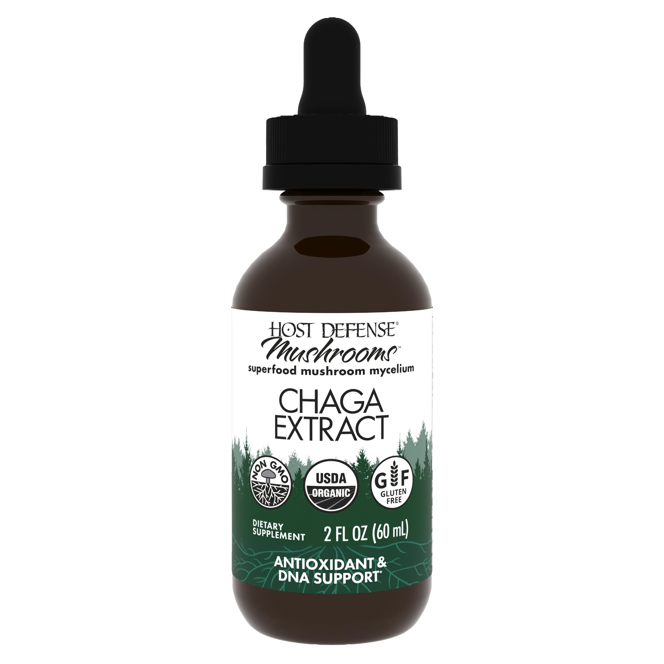 Host Defense Chaga Extract, bouteille-pipette, soutien potentiel du système immunitaire et utilisation pratique.