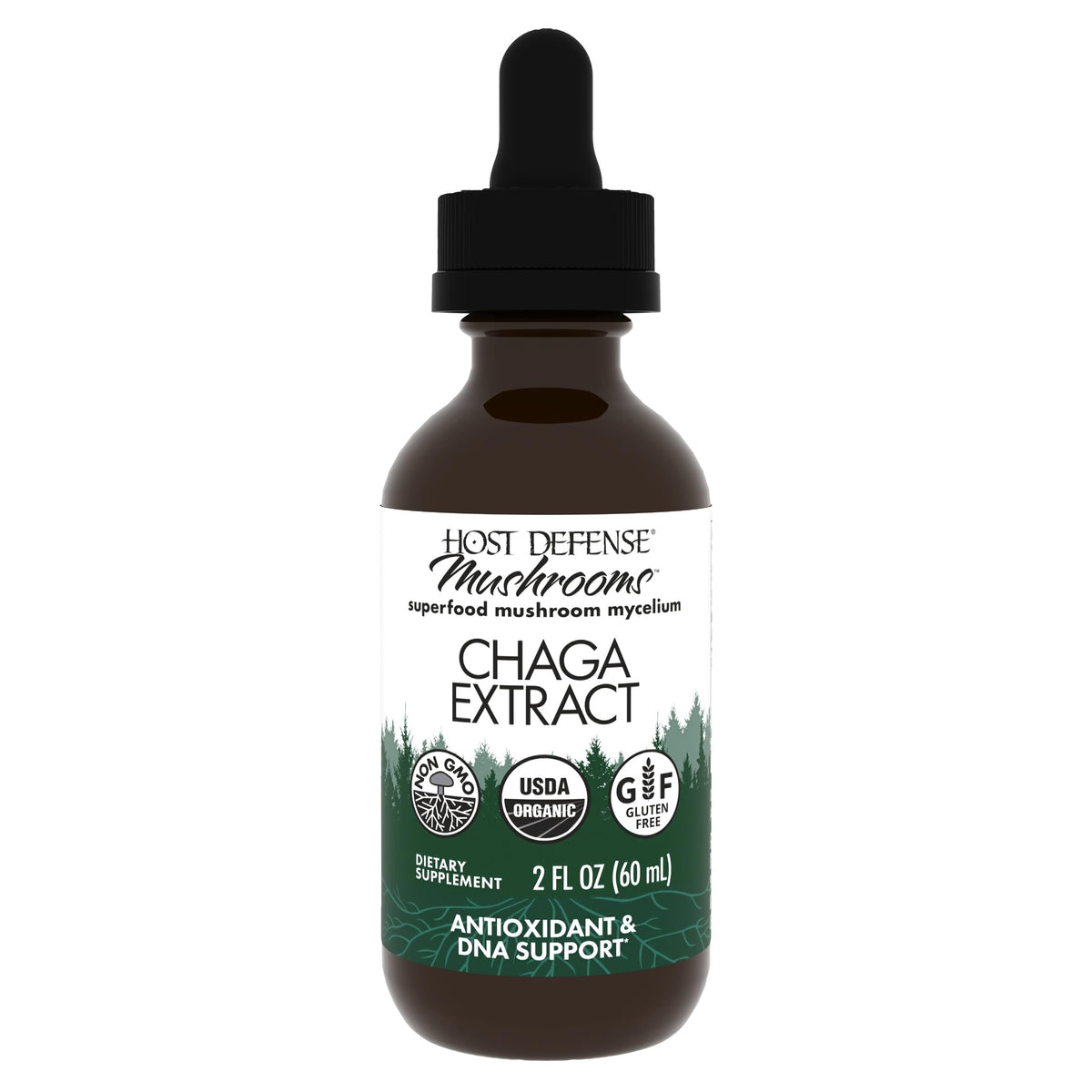 Host Defense Chaga Extract, bouteille-pipette, soutien potentiel du système immunitaire et utilisation pratique.