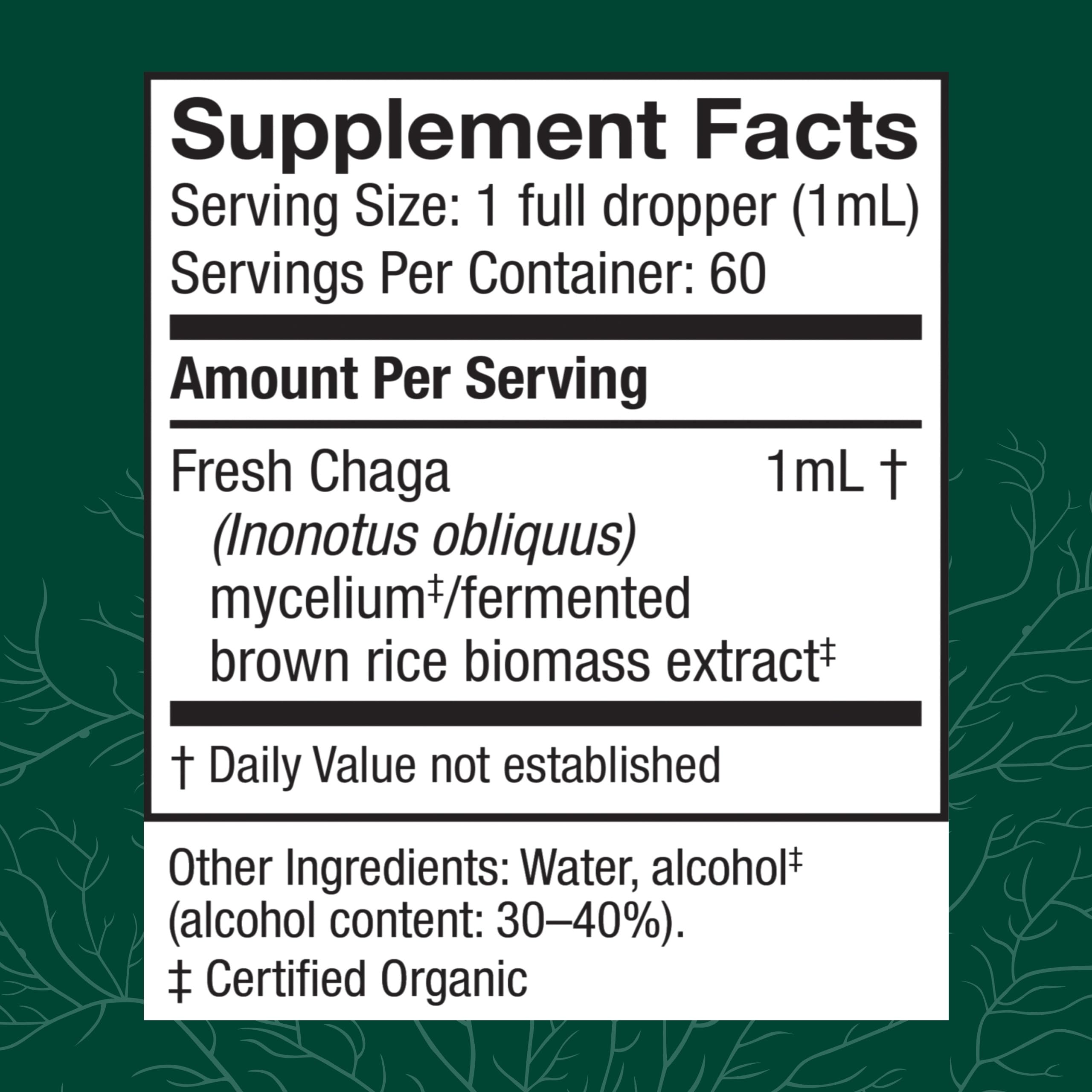 Host Defense Chaga Extract, etiquette claire, informations produit et origine biologique.