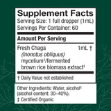 Host Defense Chaga Extract, etiquette claire, informations produit et origine biologique.