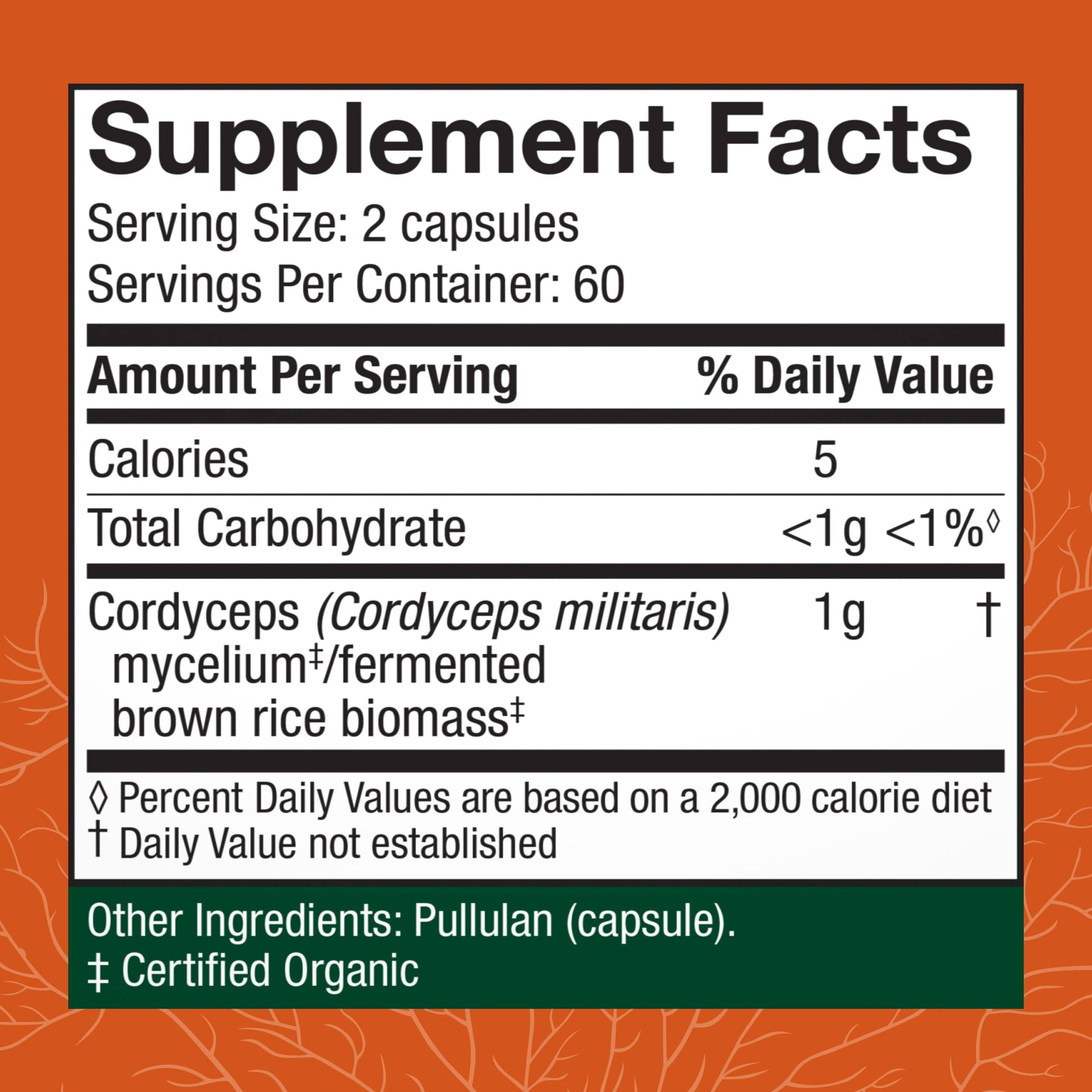 Host Defense Cordyceps: etiquette de produit montrant les ingrédients et bienfaits potentiels