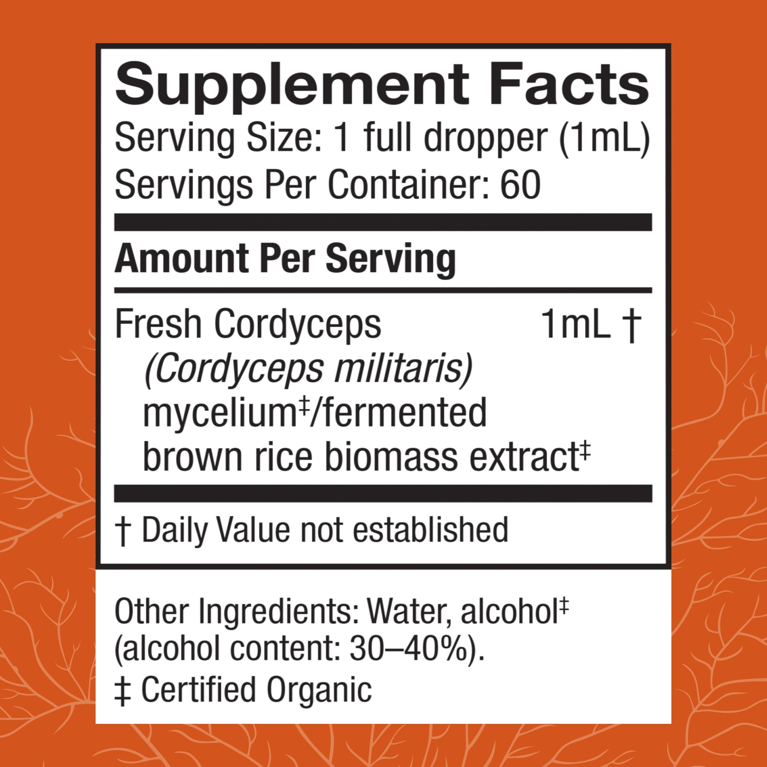 Host Defense Cordyceps Extrait – flacon et gouttes pour un apport quotidien d'énergie.