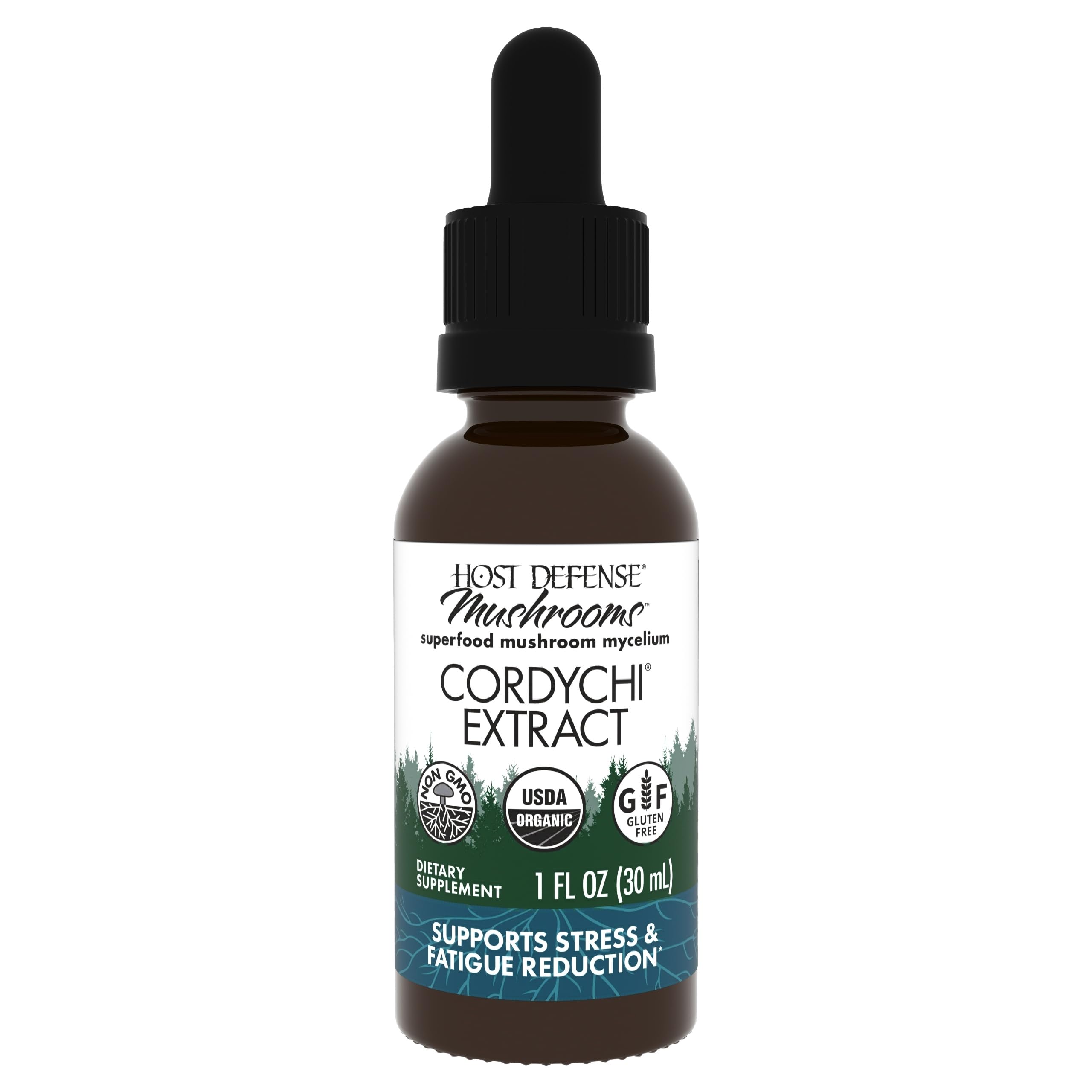 CordyChi Extrait Host Defense sur la bouteille, soutien énergie et immunité.