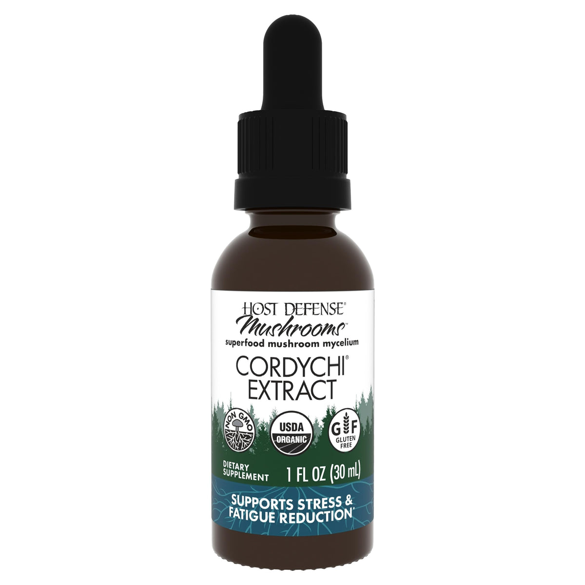 CordyChi Extrait Host Defense sur la bouteille, soutien énergie et immunité.