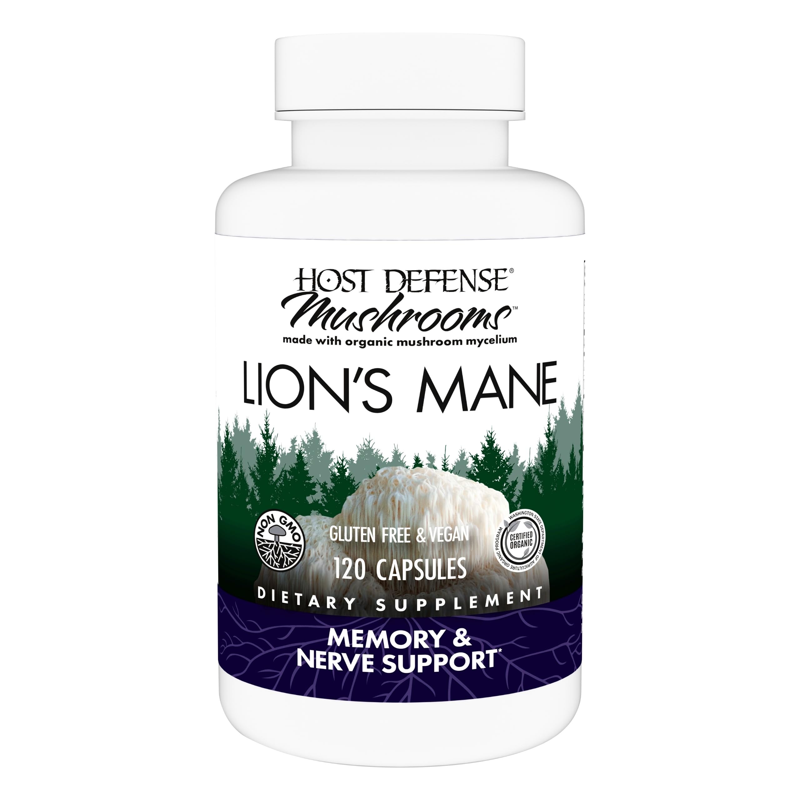 Host Defense crinière de lion: bouteille de capsules promettant concentration et clarté mentale.
