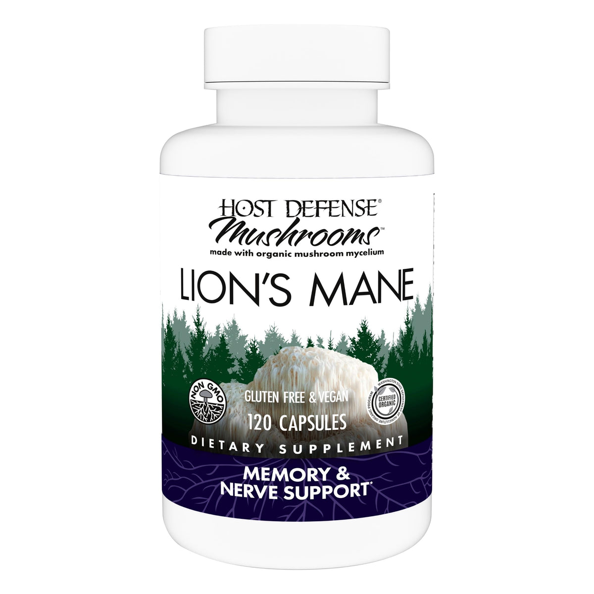 Host Defense crinière de lion: bouteille de capsules promettant concentration et clarté mentale.