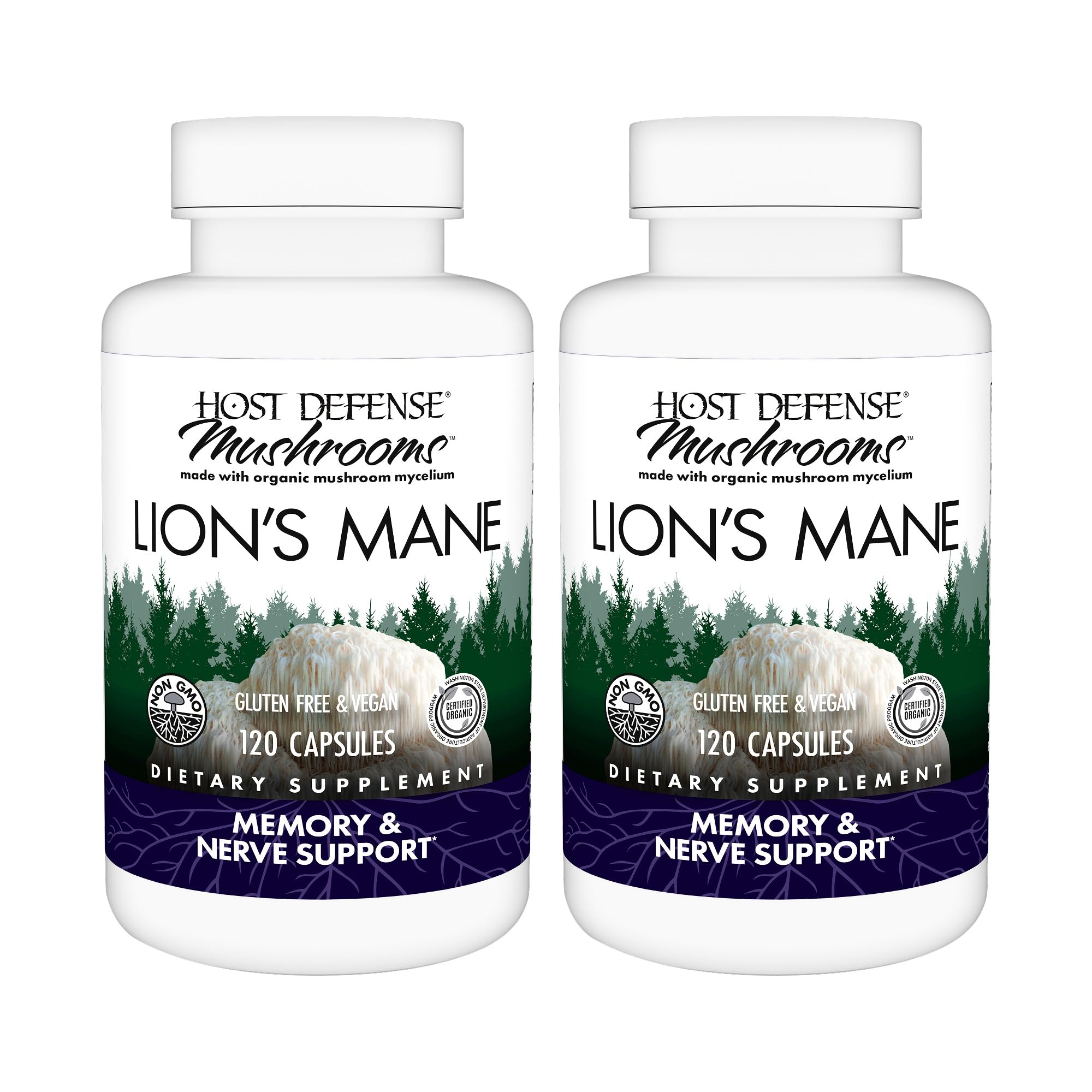 Host Defense Crinière de Lion: capsules dans bouteille, soutien potentiel à la concentration.