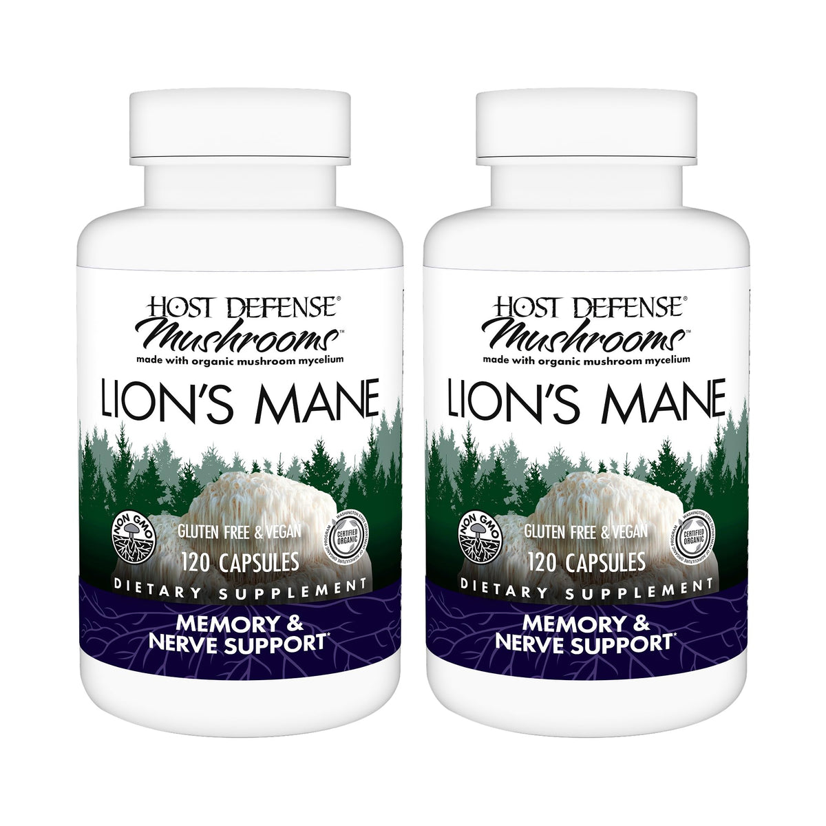 Host Defense Crinière de Lion: capsules dans bouteille, soutien potentiel à la concentration.