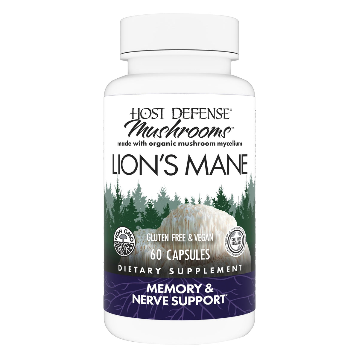 Host Defense Lions Mane: bouteille montrant des gélules faciles à avaler pour le soutien quotidien.
