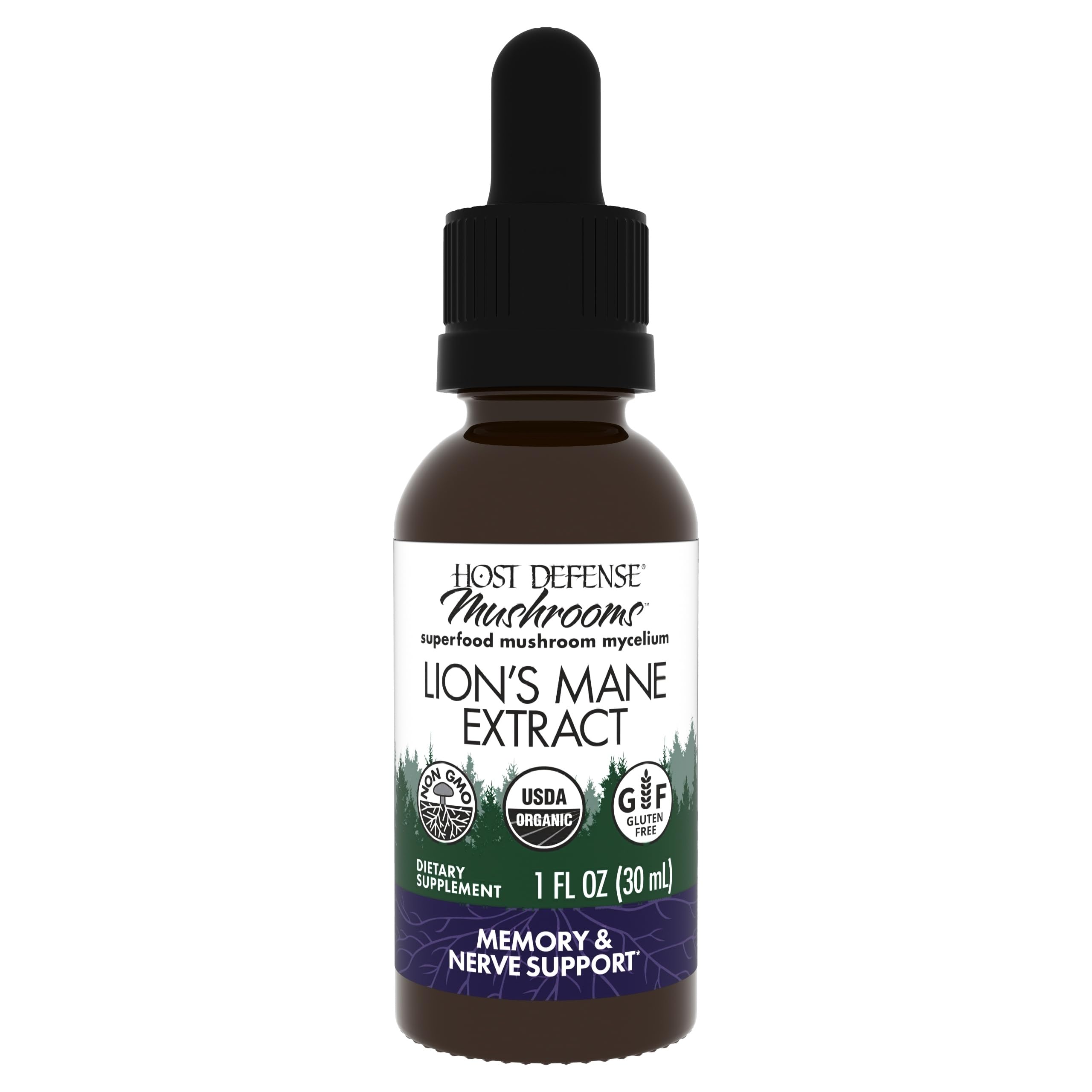 Host Defense extrait de crinière de lion - Bouteille 1oz visible, potentiel soutien à la concentration.