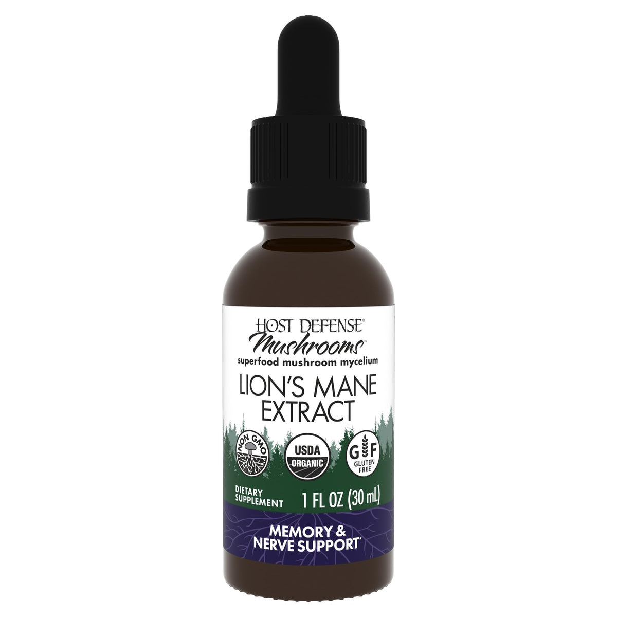 Host Defense extrait de crinière de lion - Bouteille 1oz visible, potentiel soutien à la concentration.