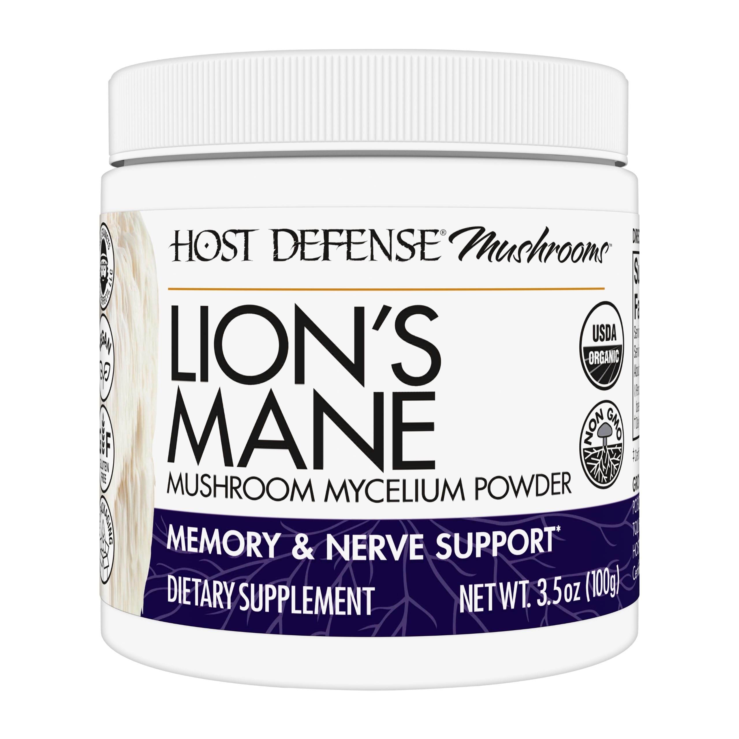 Host Defense Lions Mane dans le pot, dosage quotidien pratique.