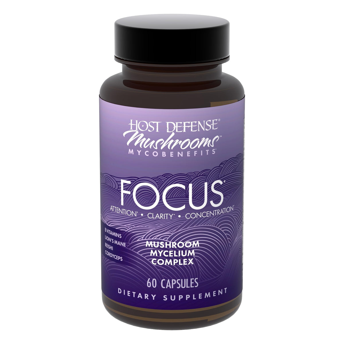 Host Defense MycoBenefits Focus, boîte de gélules, soutien potentiel à la concentration.