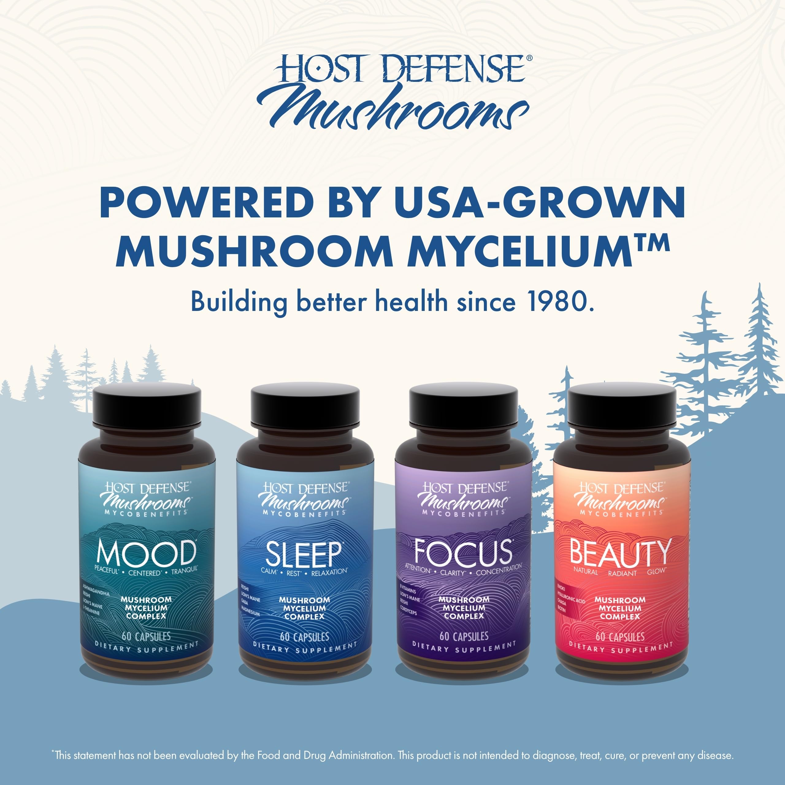 Host Defense MycoBenefits Sleep : vue globale de la bouteille et des capsules dans un décor apaisant.