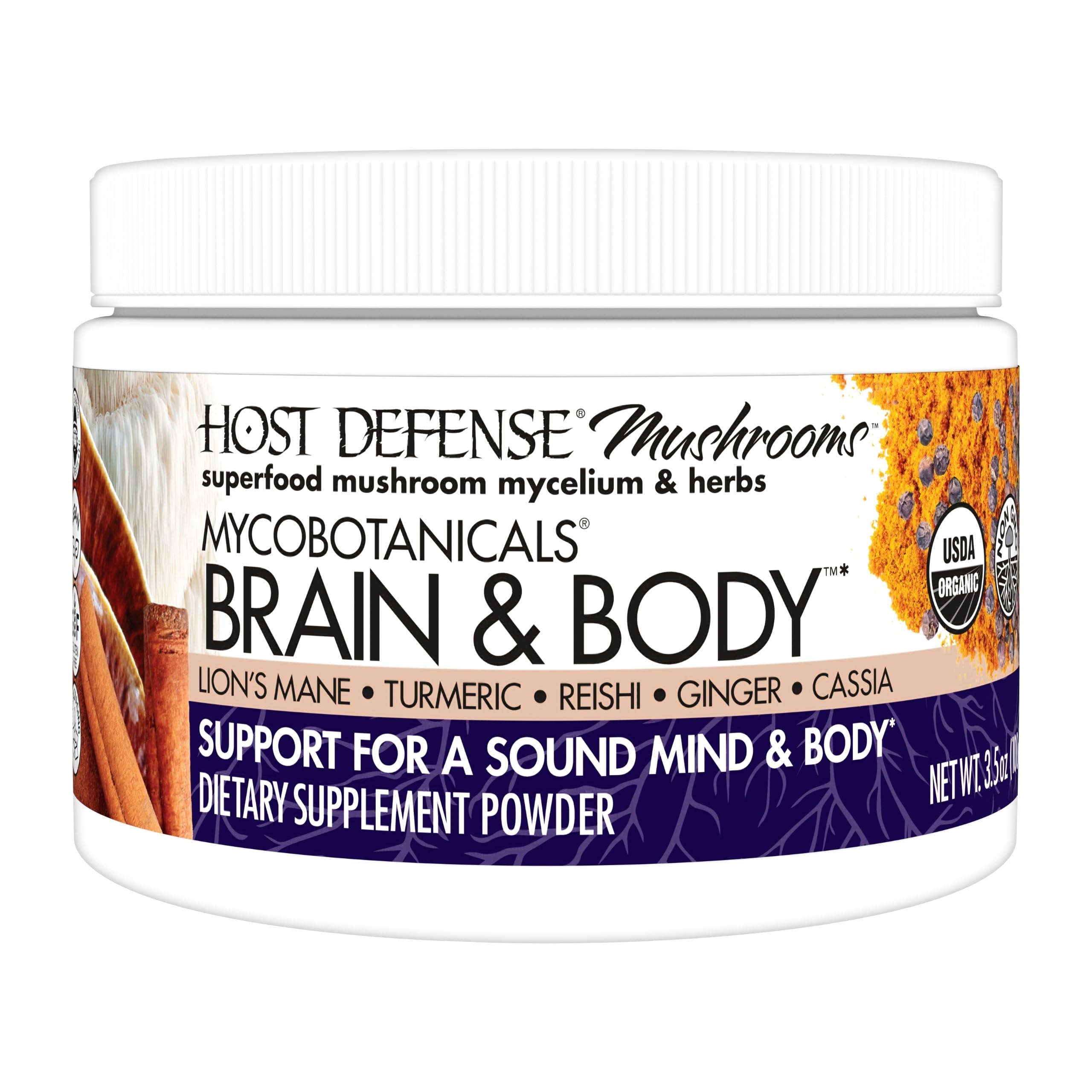 Host Defense MycoBotanicals Brain et Corps poudre, bouteille visible, soutien potentiel concentration.