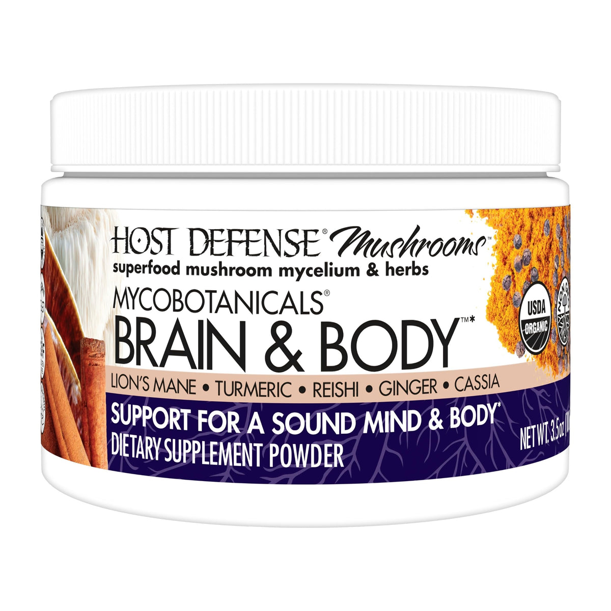 Host Defense MycoBotanicals Brain et Corps poudre, bouteille visible, soutien potentiel concentration.
