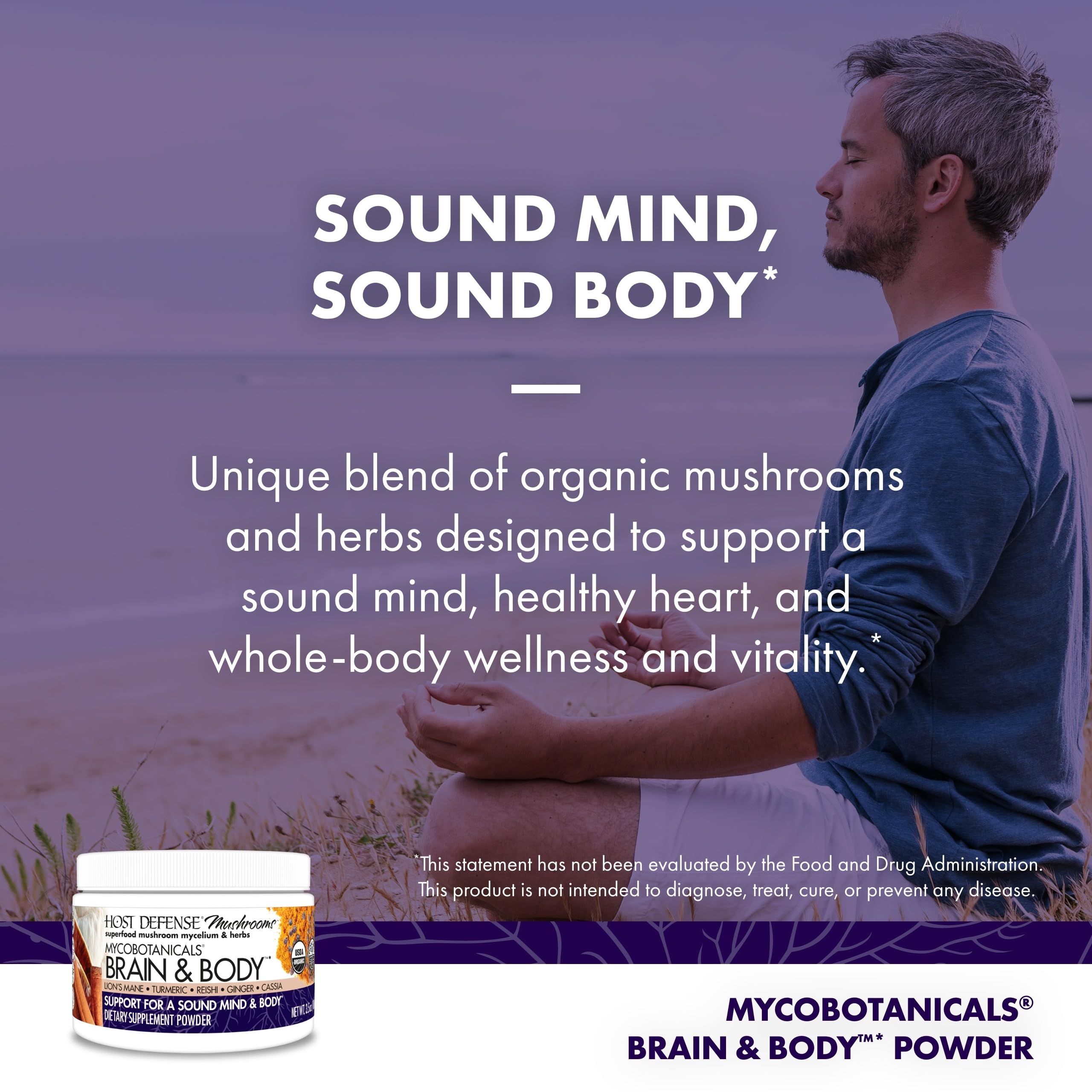 Host Defense MycoBotanicals Brain et Corps poudre, Ganoderma lucidum en illustration.