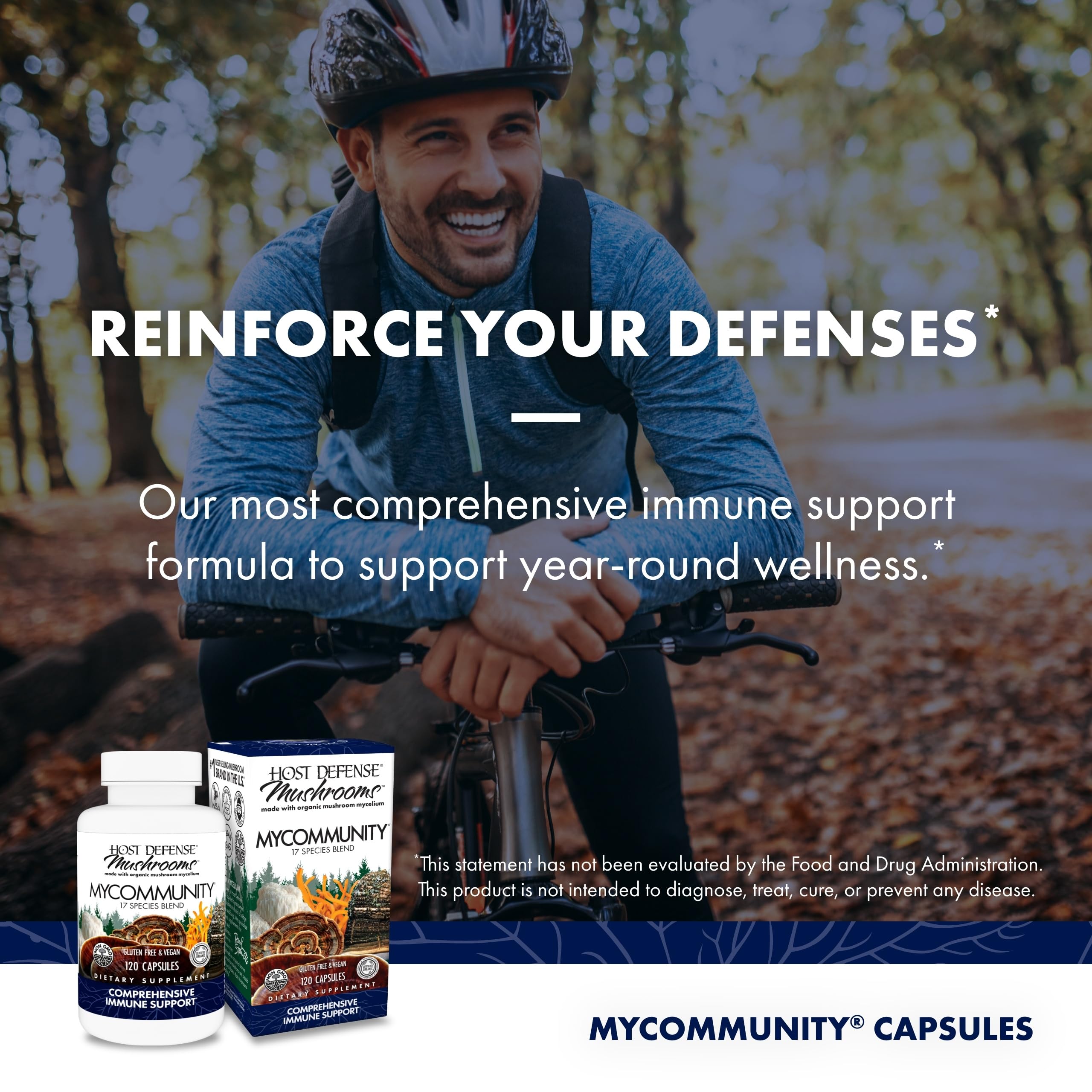 Host Defense MyCommunity Capsules, reishi mis en valeur, formulation naturelle pour le quotidien.