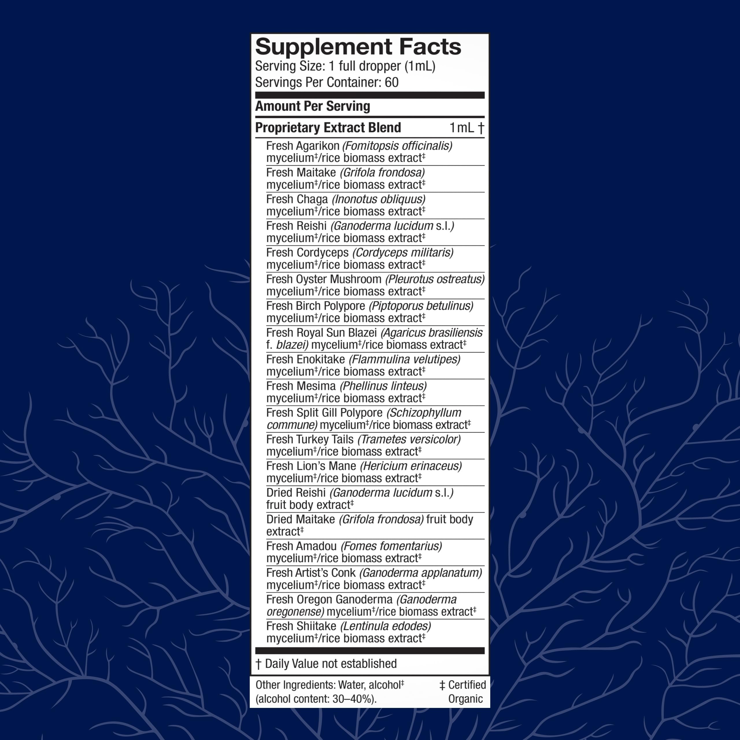 Host Defense MyCommunity Extract : ingrédients 17-espèces, profil complexe pour l'équilibre immunitaire.