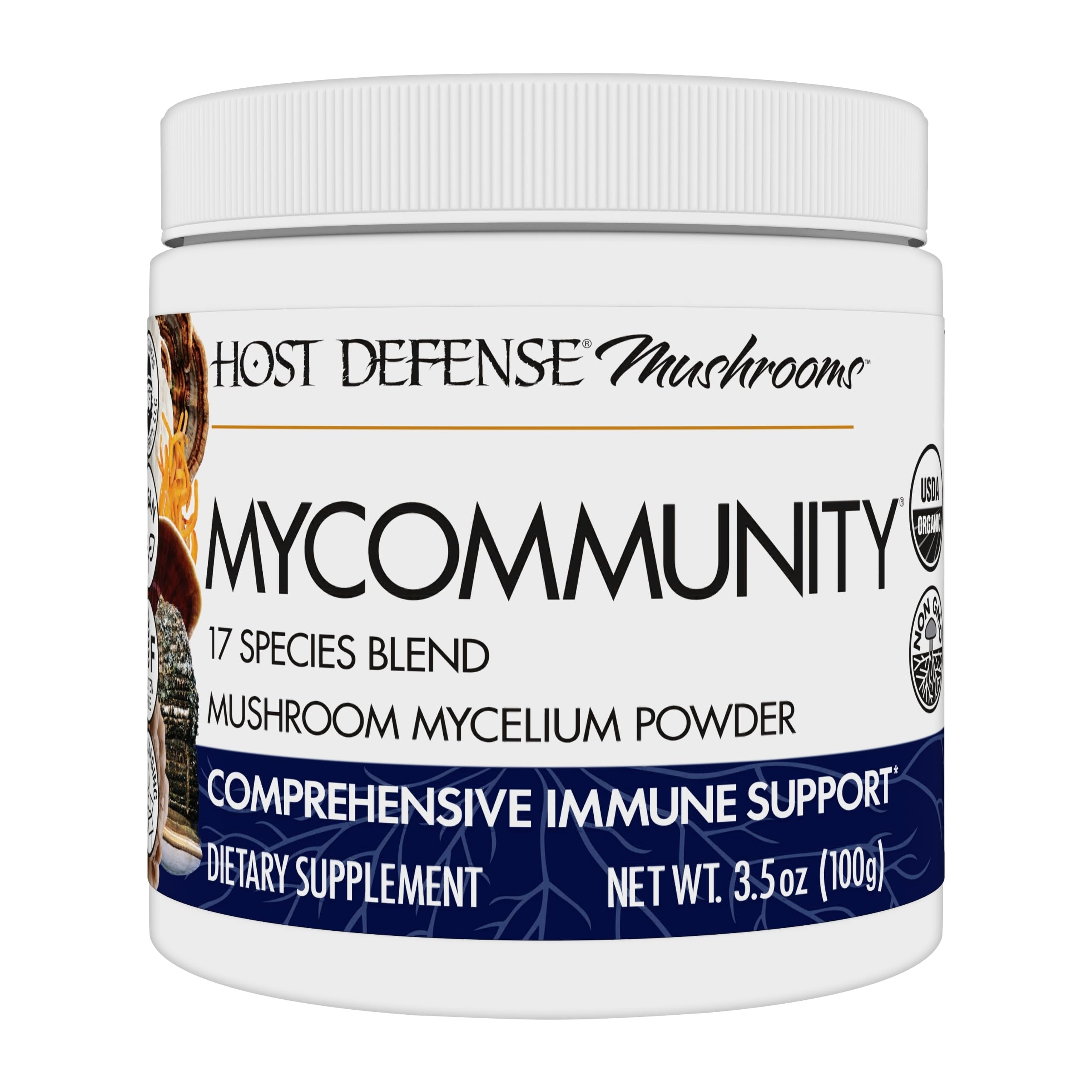 Host Defense MyCommunity poudre dans la bouteille, dosage pratique au quotidien.