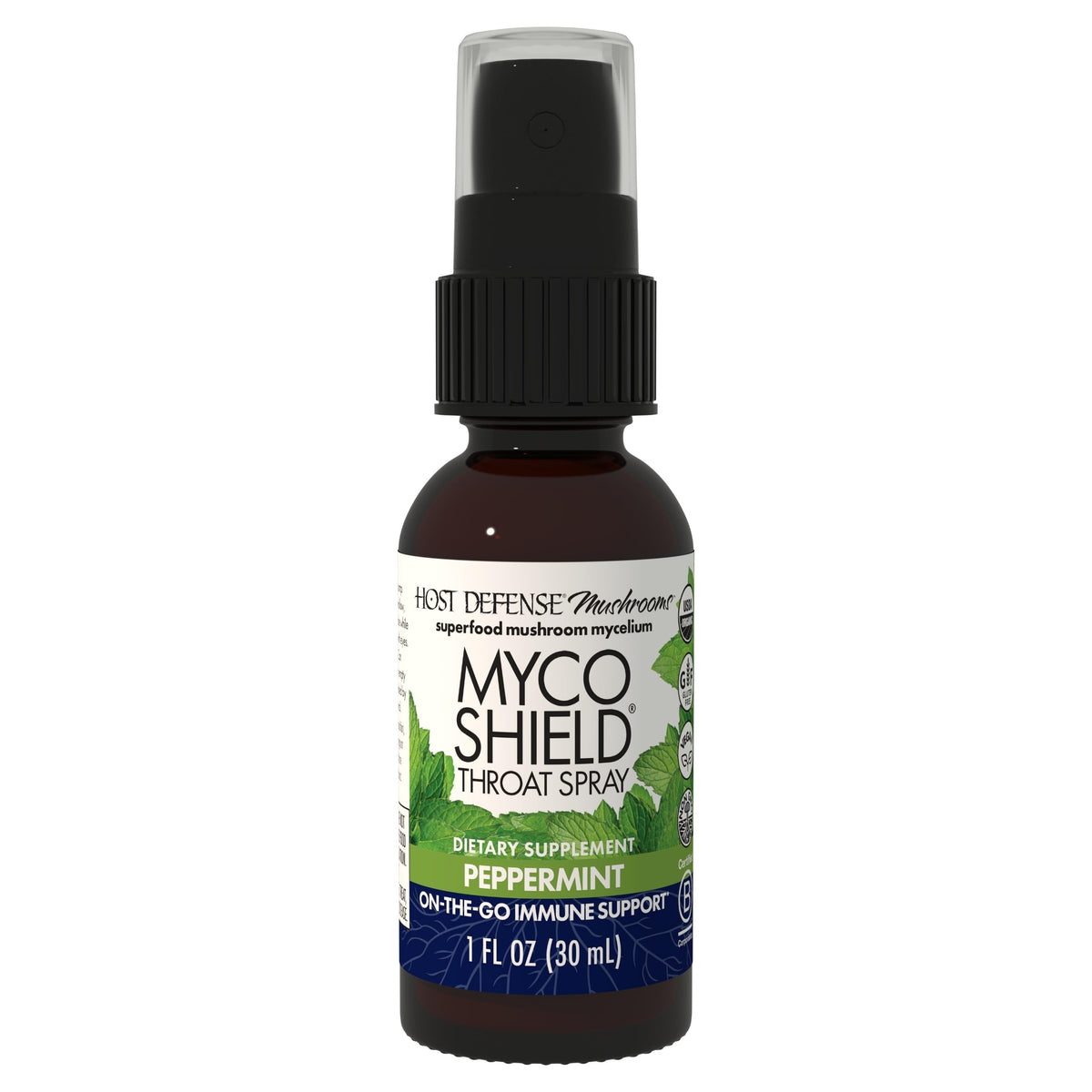 Host Defense MycoShield spray gorge: soutien immunitaire pratique en déplacement.