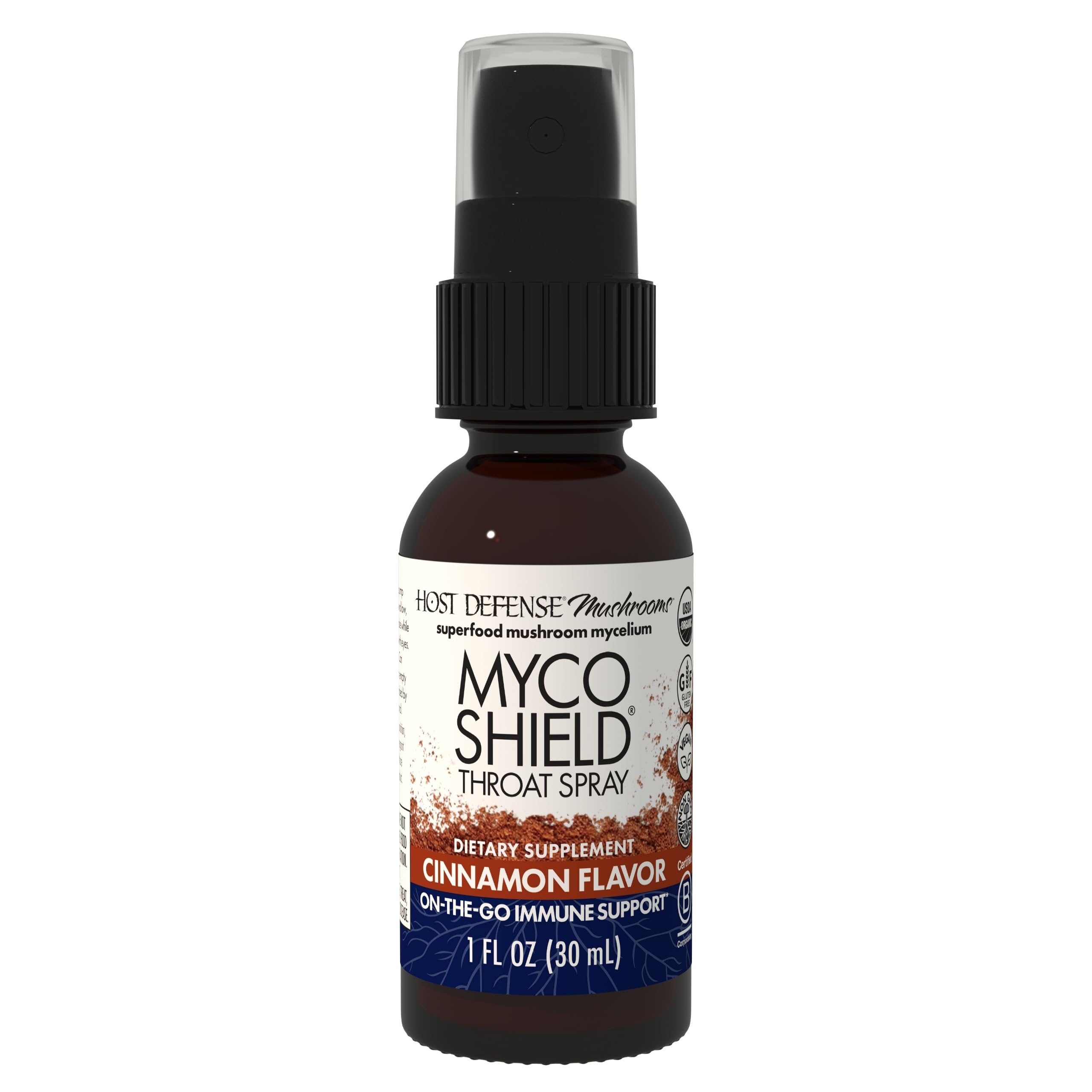 MycoShield spray-gorge de Host Defense, utilisation rapide en déplacement.
