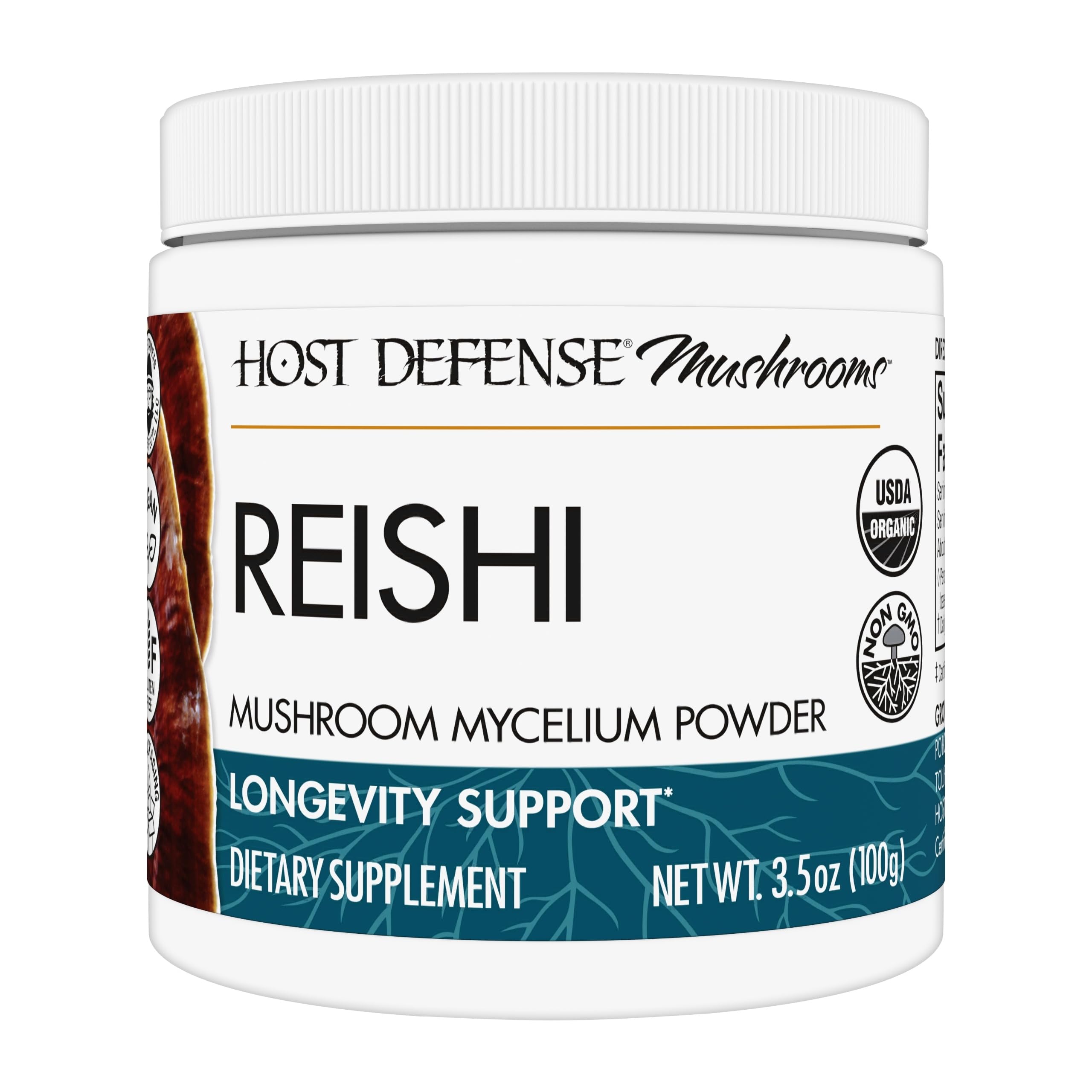 Host Defense Reishi Poudre bouteille : soutien immunitaire et énergie potentielle.