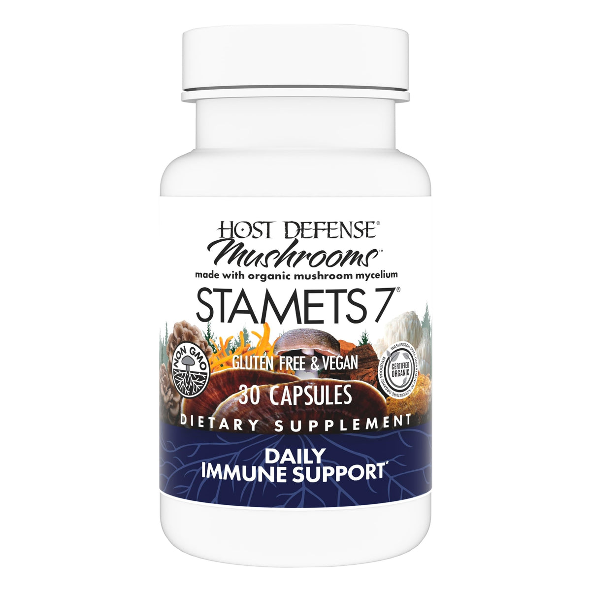 Host Defense Stamets 7, bouteille de capsules, soutien immunitaire potentiel au quotidien.