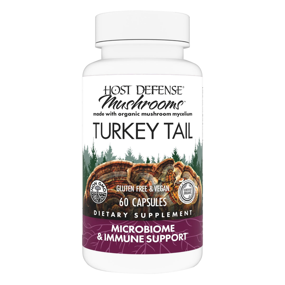 Host Defense Turkey Tail - emballage des capsules, soutien potentiel pour la digestion et l’immunité