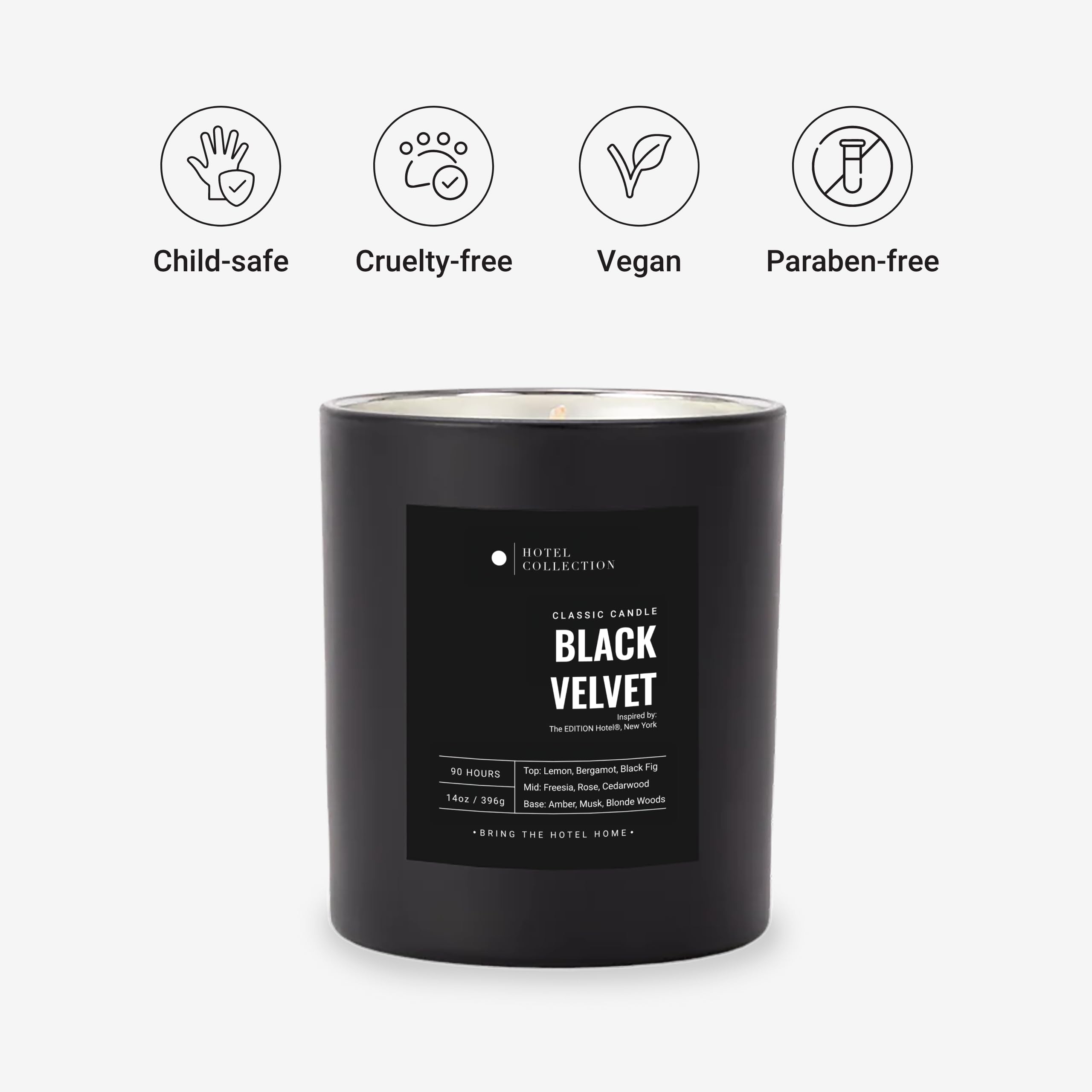 Bougie Noire Velours 14oz Hotel Collections; cire vegan et mèche coton pour combustion propre.