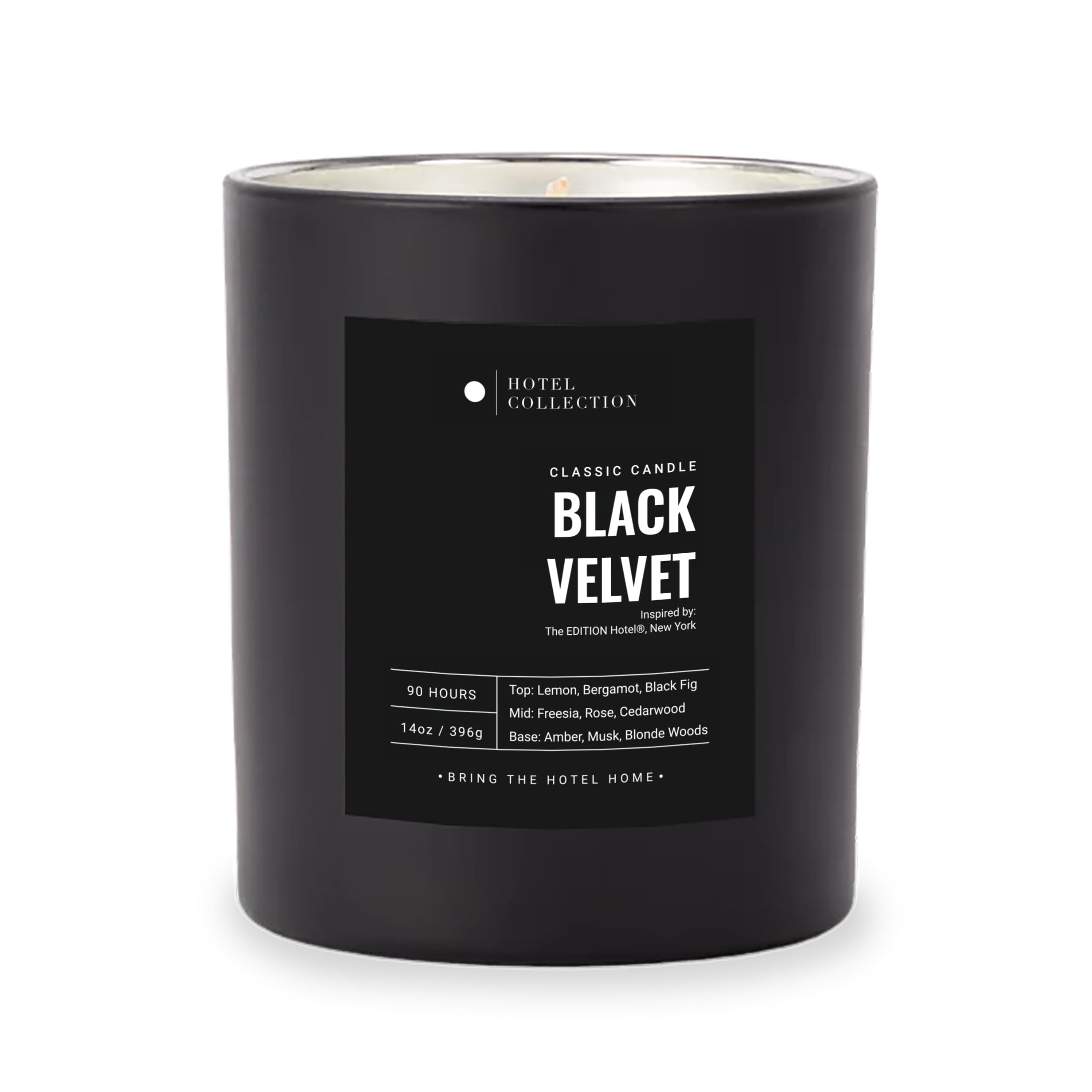 Bougie Hotel Collections Noire Velours 14oz; flamme douce pour ambiance chaleureuse.