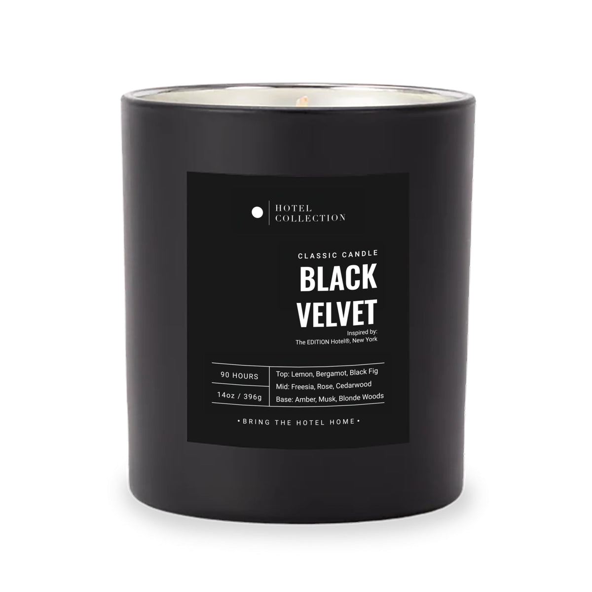 Bougie Hotel Collections Noire Velours 14oz; flamme douce pour ambiance chaleureuse.