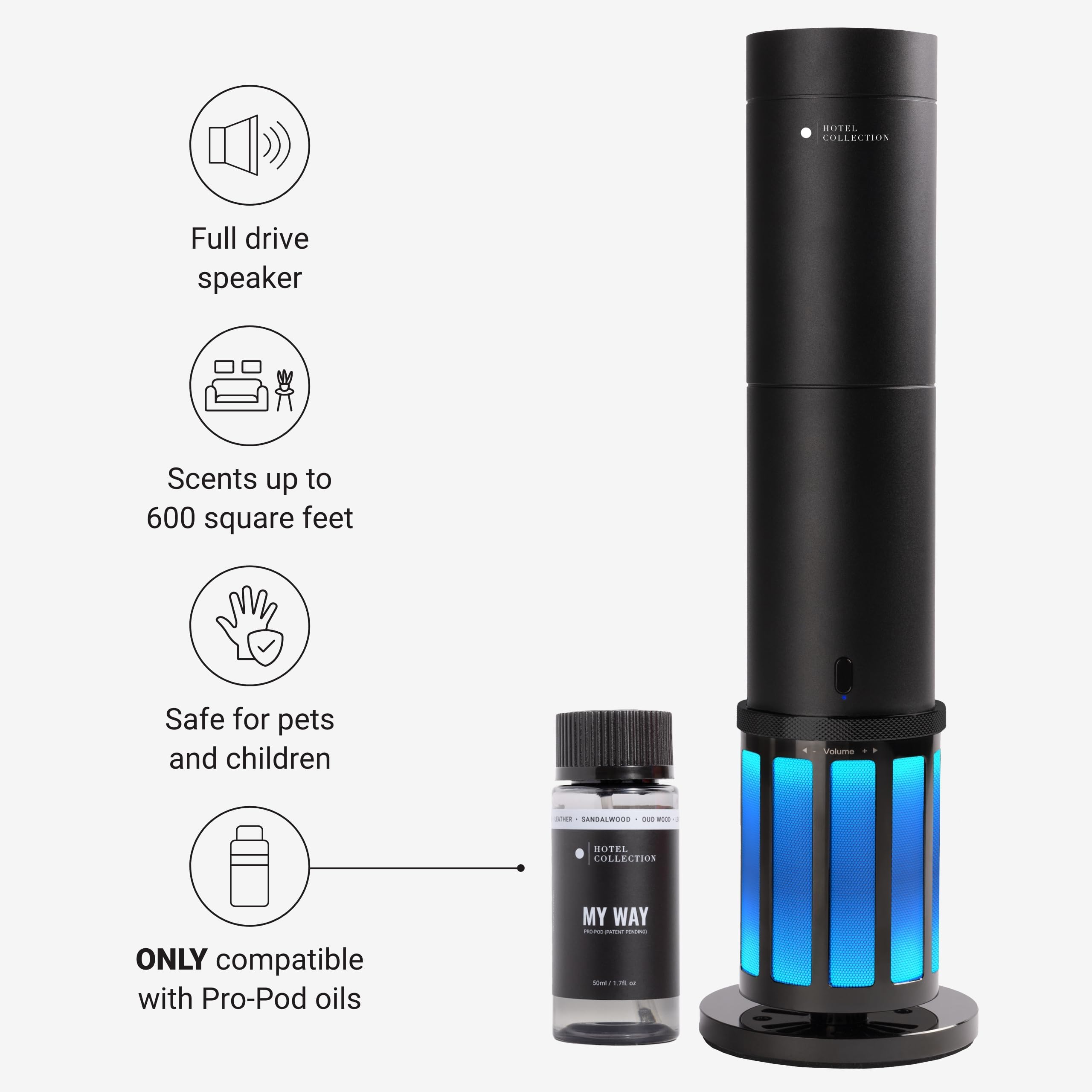 Diffuseur Studio Pro avec enceinte intégrée pour musique immersive et parfum.