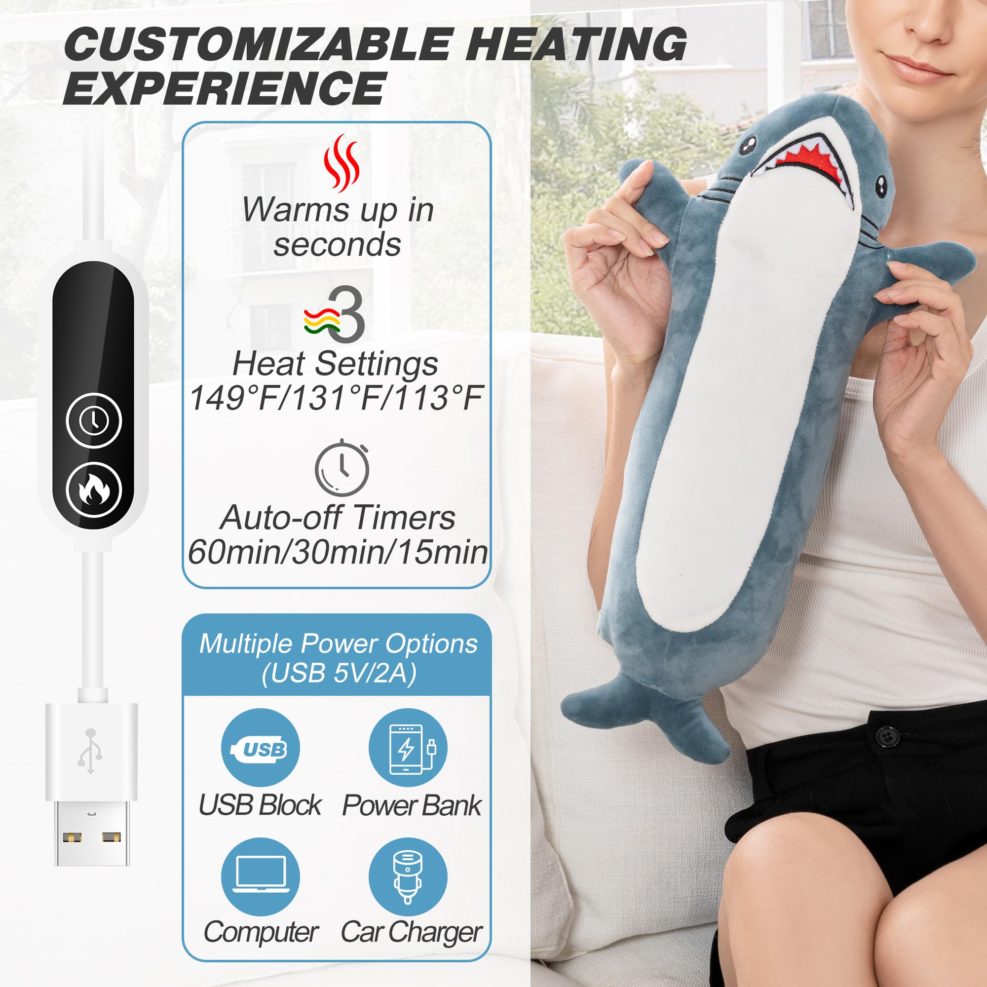 HOTHUGZ Requin chauffant, prise USB visible, pratique sur ordinateur ou power bank.