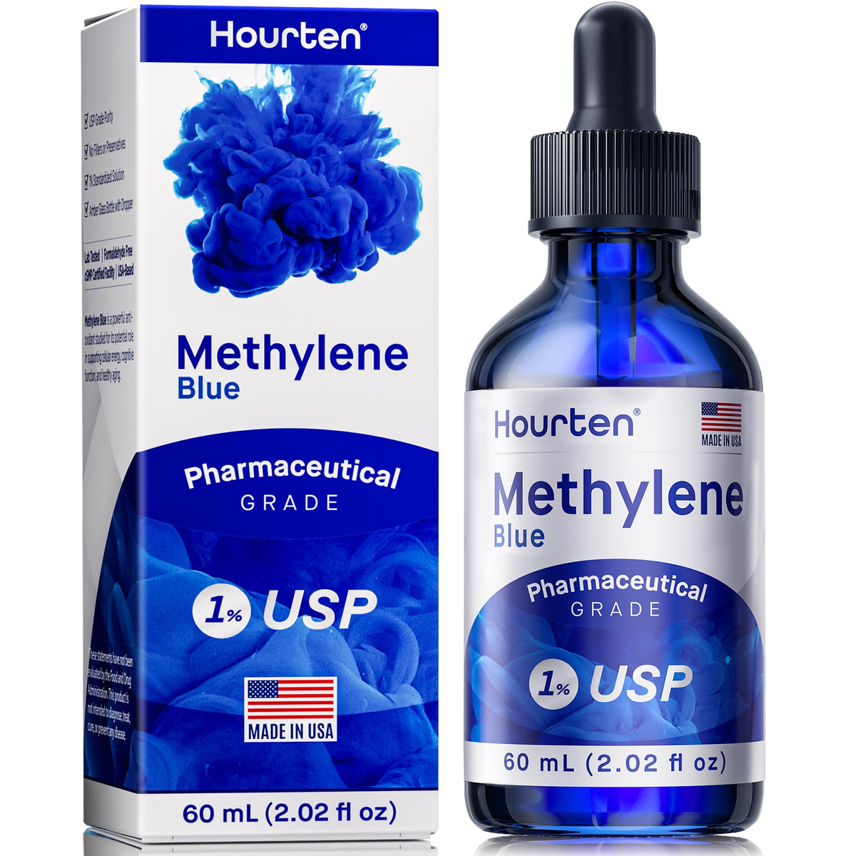 Gouttes Hourten bleu de méthylène dans une bouteille ambrée, dosage précis.
