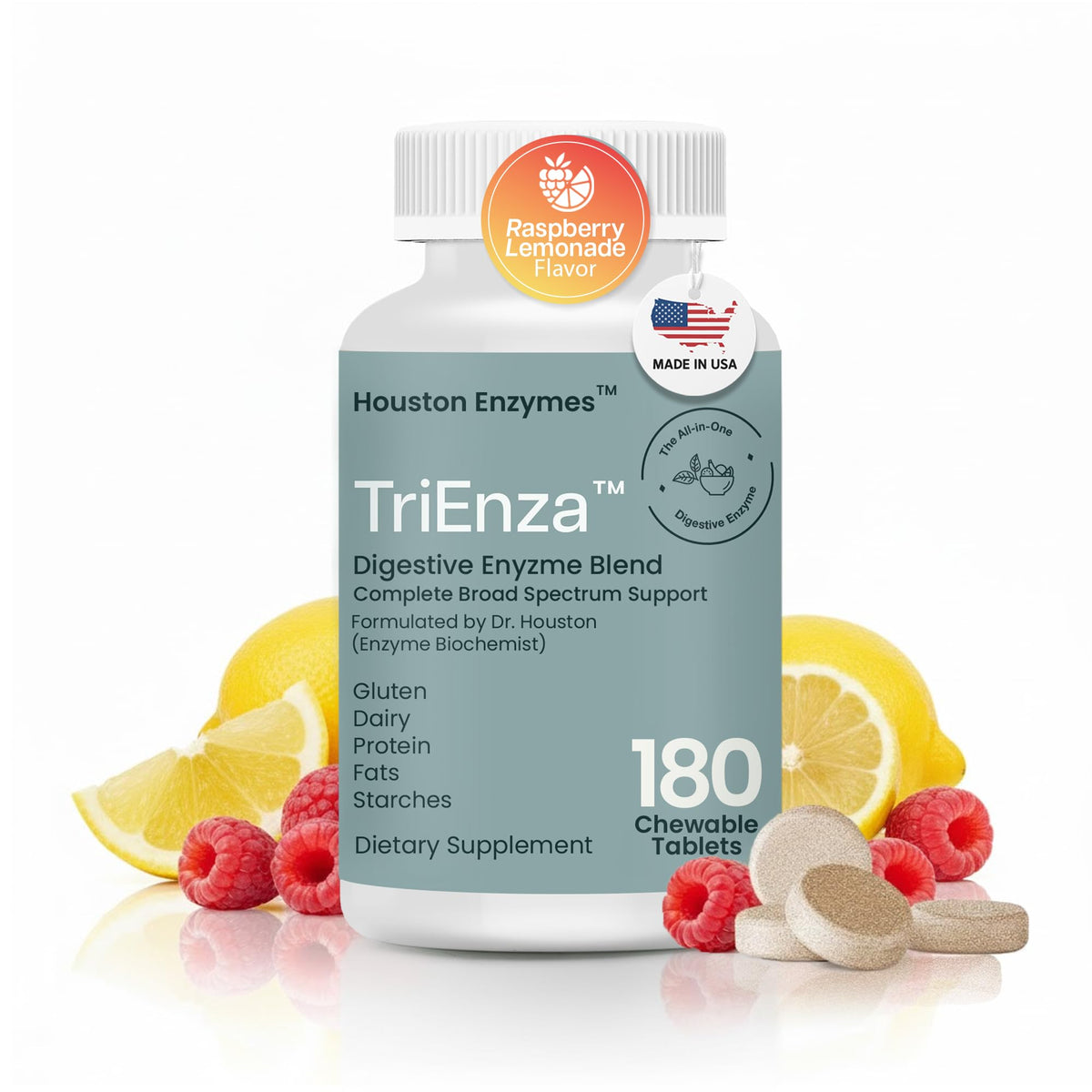TriEnza de Houston Enzymes, boite-pastilles-a-croquer, pratique au quotidien pour soutenir la digestion.