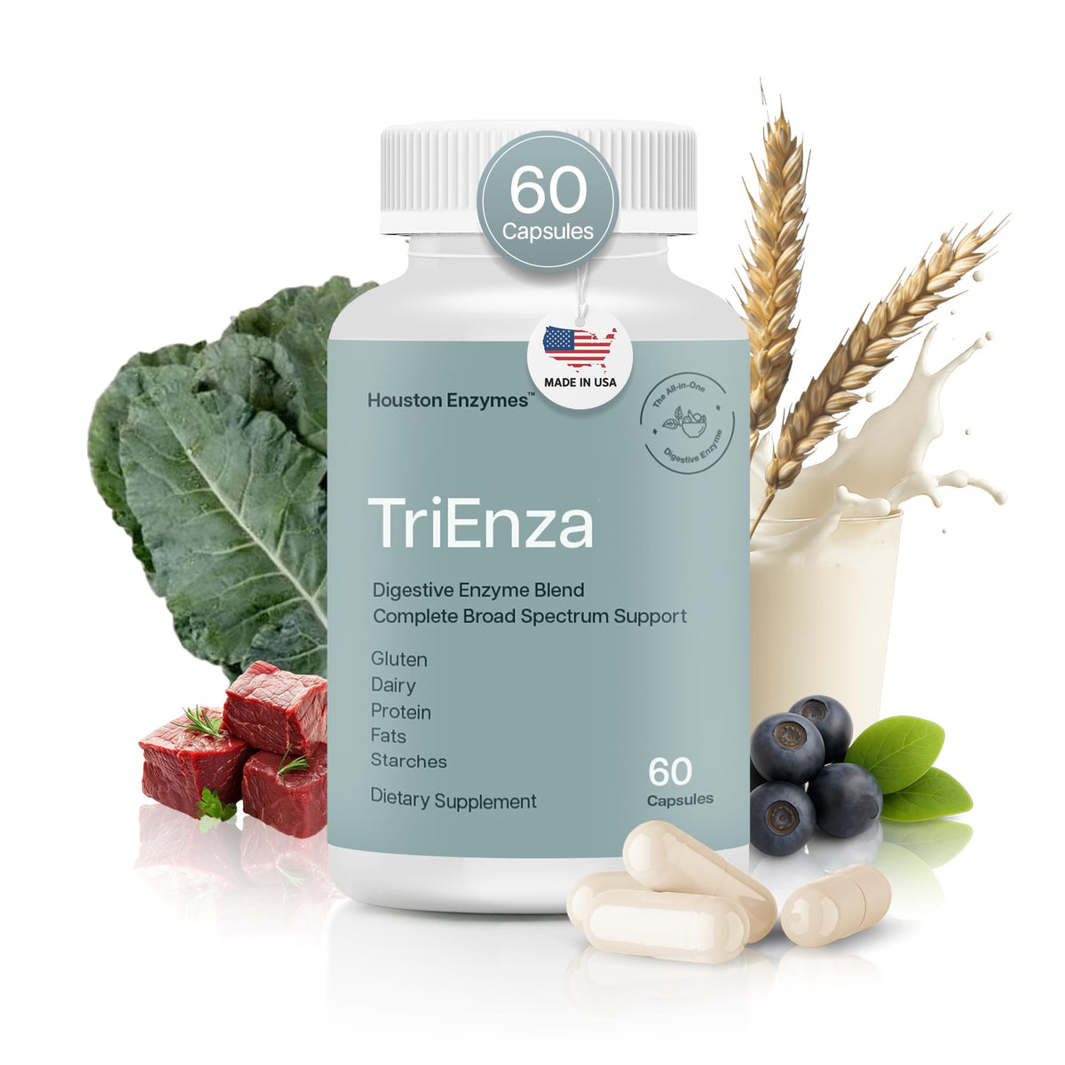 TriEnza de Houston Enzymes dans sa bouteille de capsules, soutien digestif après repas