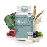 Houston Enzymes TriEnza bouteille et versement, soutien potentiel à la digestion après les repas.