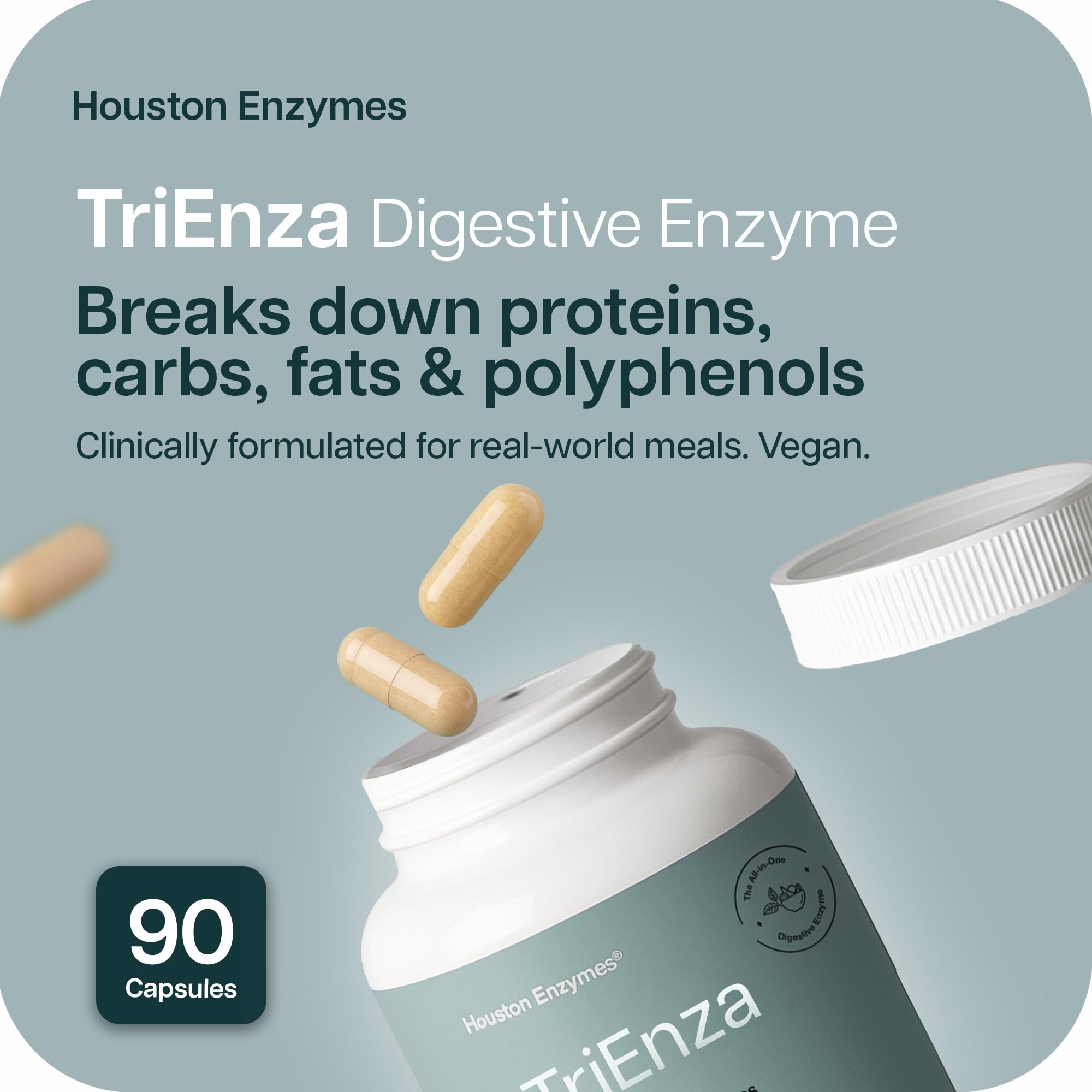 TriEnza Houston Enzymes – capsules digestives visibles facilitant les glucides et lipides.