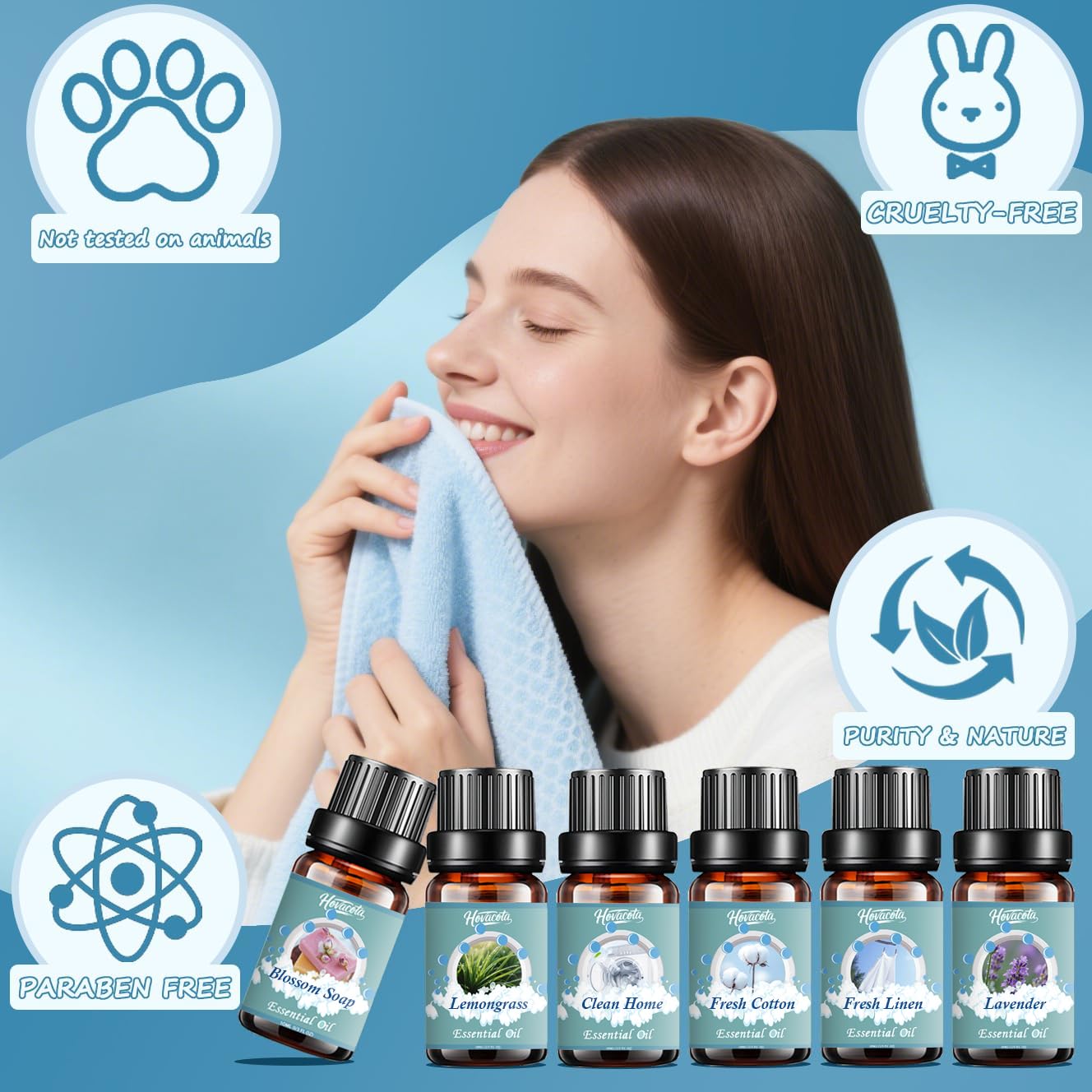 Flacons Hovacota d'huiles pour diffuseurs, parfum d’intérieur apaisant.