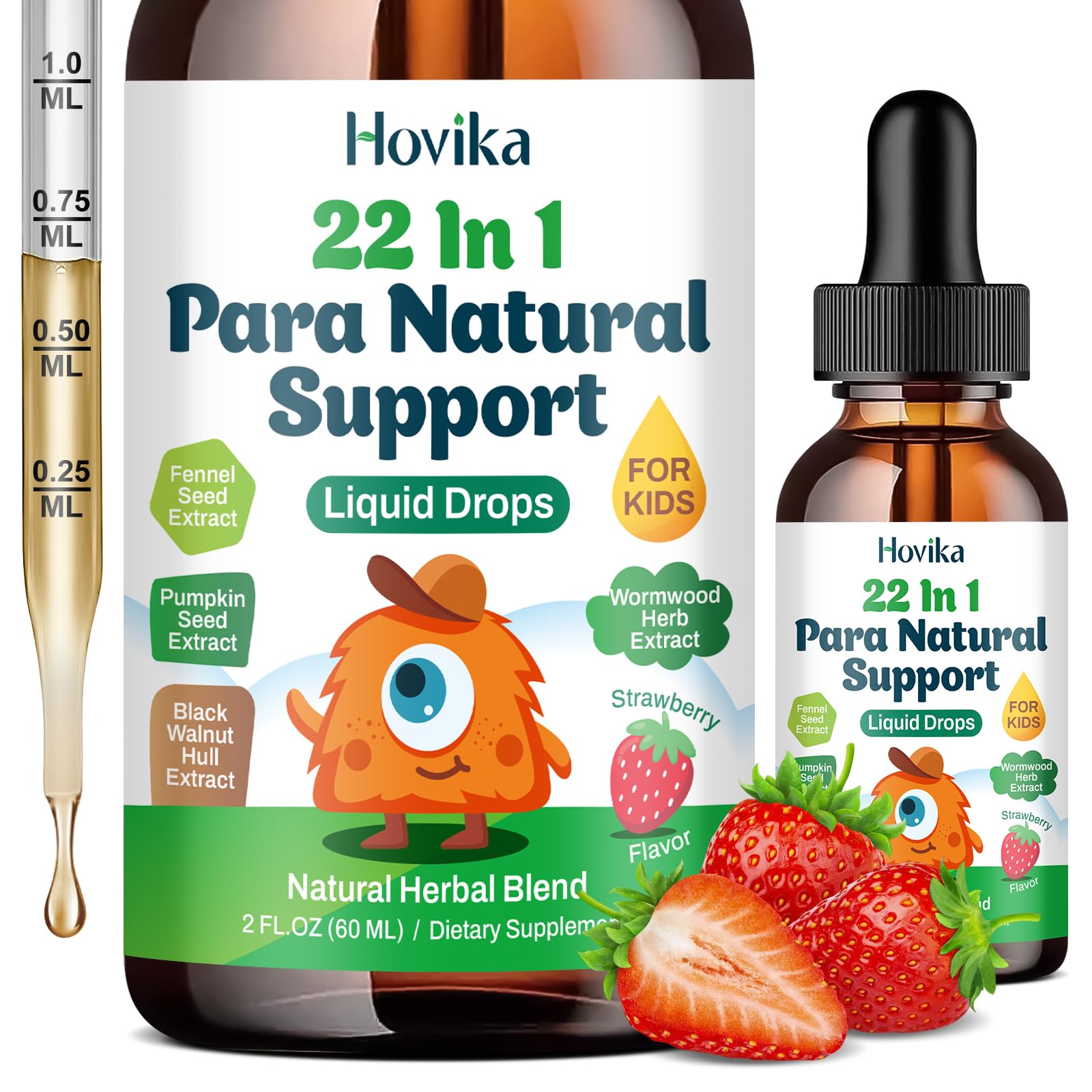 Gouttes Hovika 22 en 1, flacon fraise, soutien digestion apaisée.