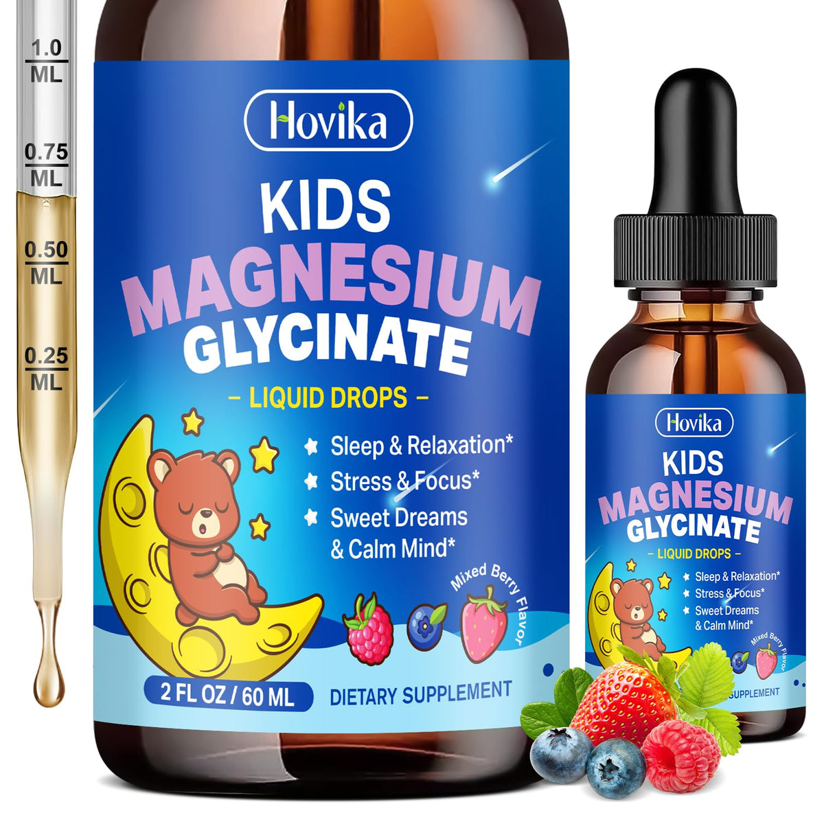 Gouttes Hovika magnésium glycinate pour enfants, soutien détente et sommeil.