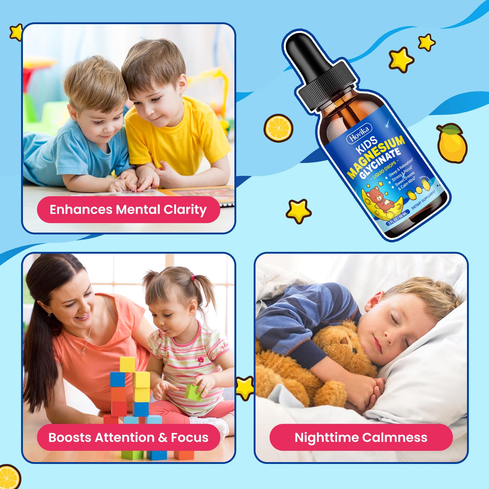 Gouttes Hovika pour enfants améliorant concentration et attention.