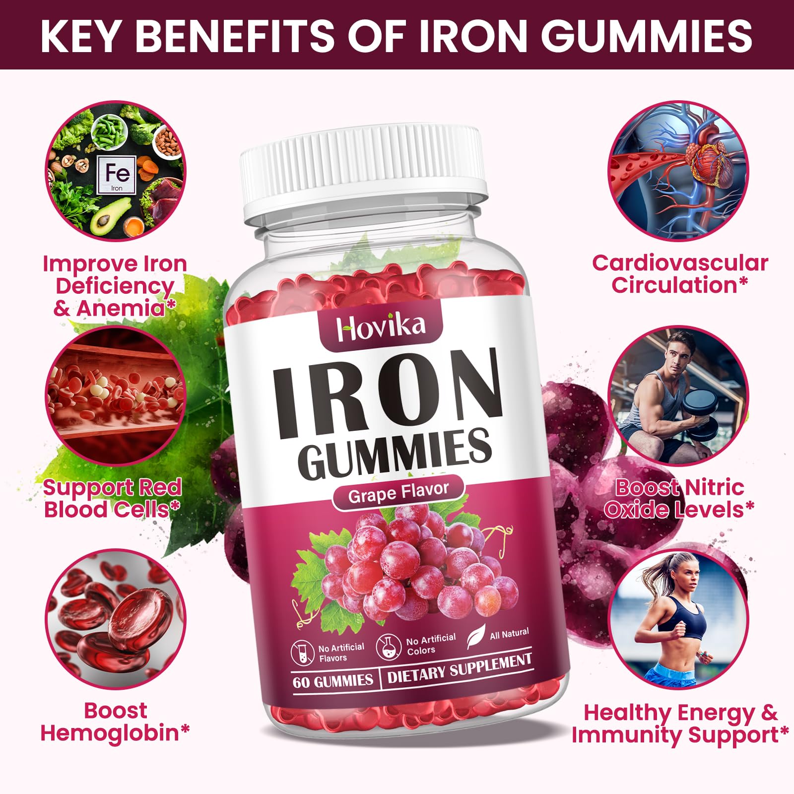 Gommes Hovika riches en vitamine C, B12 et folate, soutien énergie et formation des globules rouges.