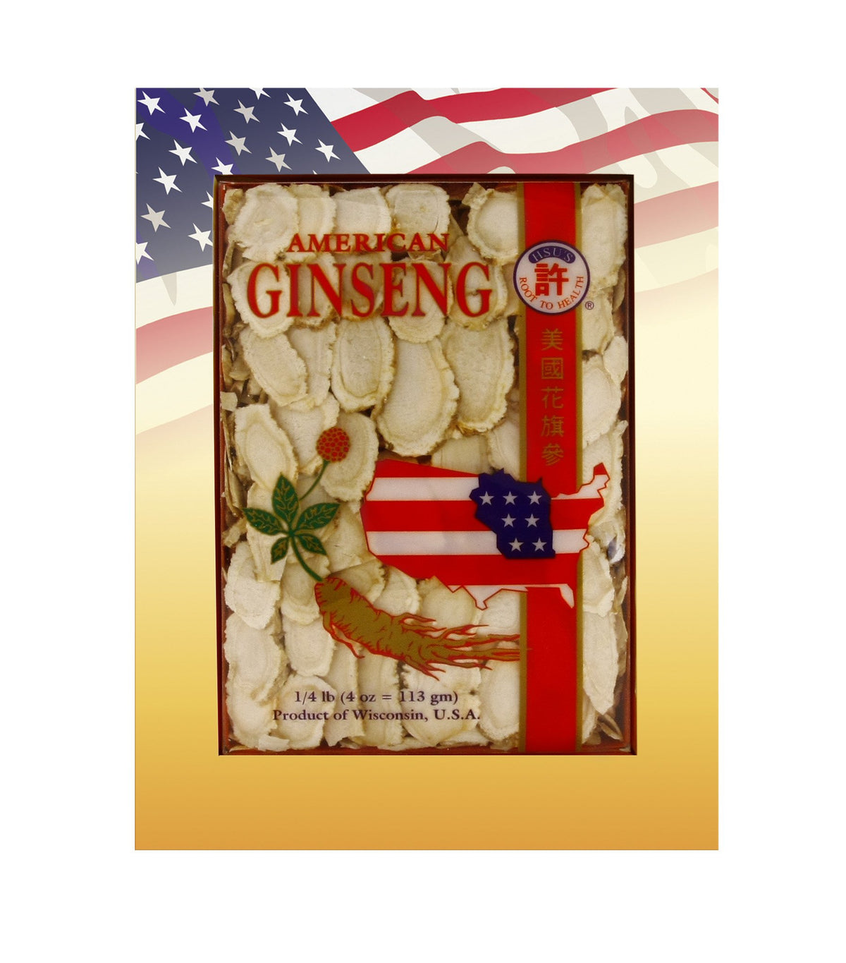 Ginseng américain Hsu's en tranches grandes et moyennes, prêt pour infusion.